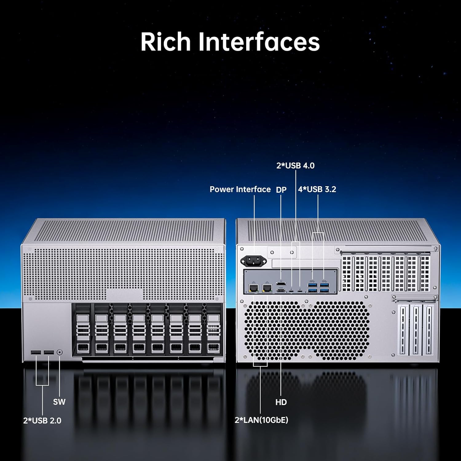 Thdeukoty Desktop NAS 8-Bay, Ultra 9 285H AI CPU, 32GB LPDDR5 8400Mhz RAM, 2 x 10GbE, 2 x M.2 NVMe Slots, HD/DP, PCIe 4.0 x 8 Slot, USB 4, Support Dual System Network Attached Storage (Diskless)