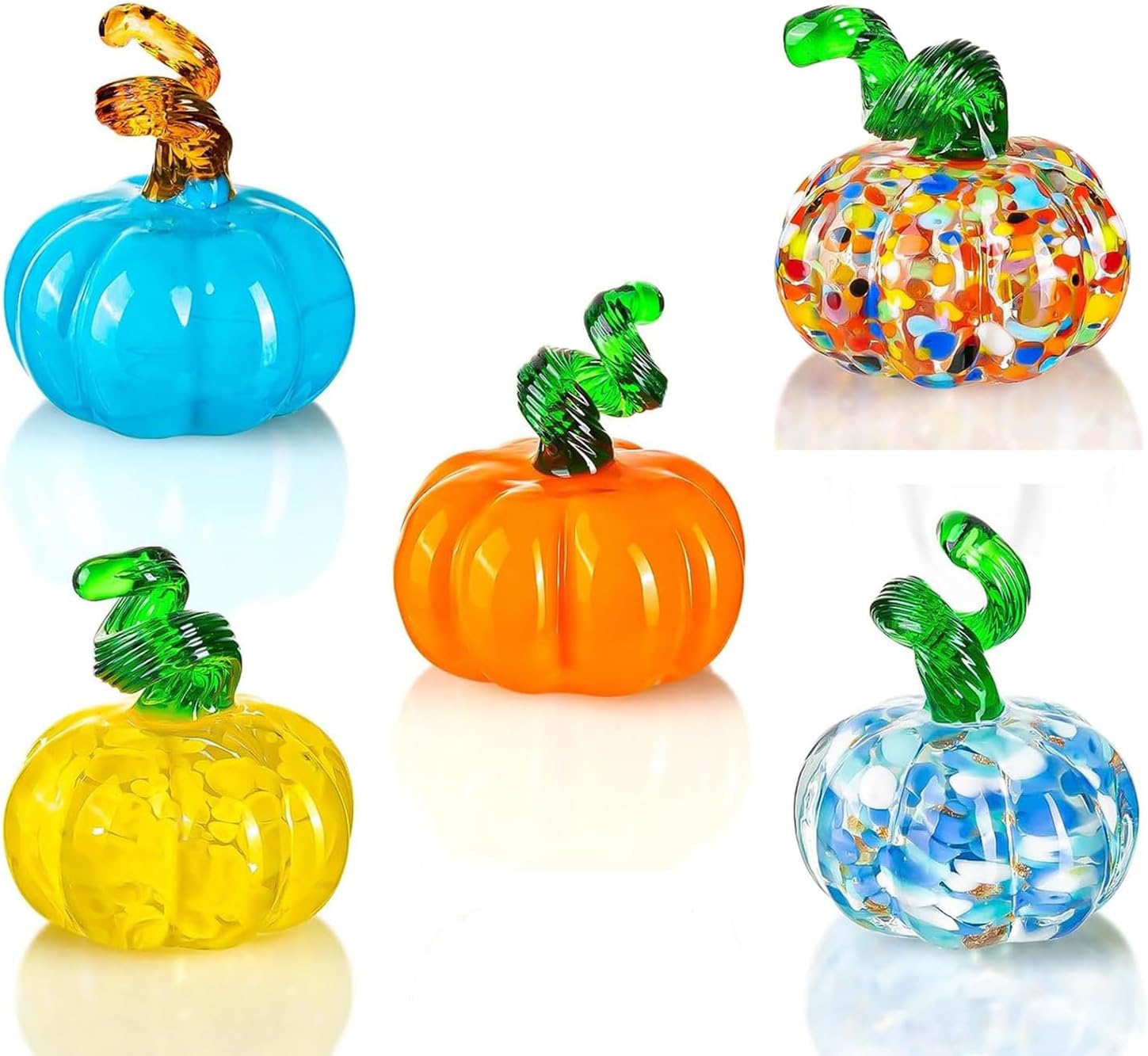 5pcs Blown Glass Pumpkin Figurines Collectibles, Small Crystal Glass Art Pumpkin Ornament for Halloween Thanksgiving Fall Home Decoration