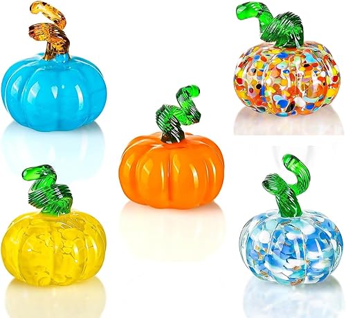 5 figuras coleccionables de calabaza de vidrio soplado, pequeño adorno de calabaza de cristal para Halloween, Acción de Gracias, otoño, decoración