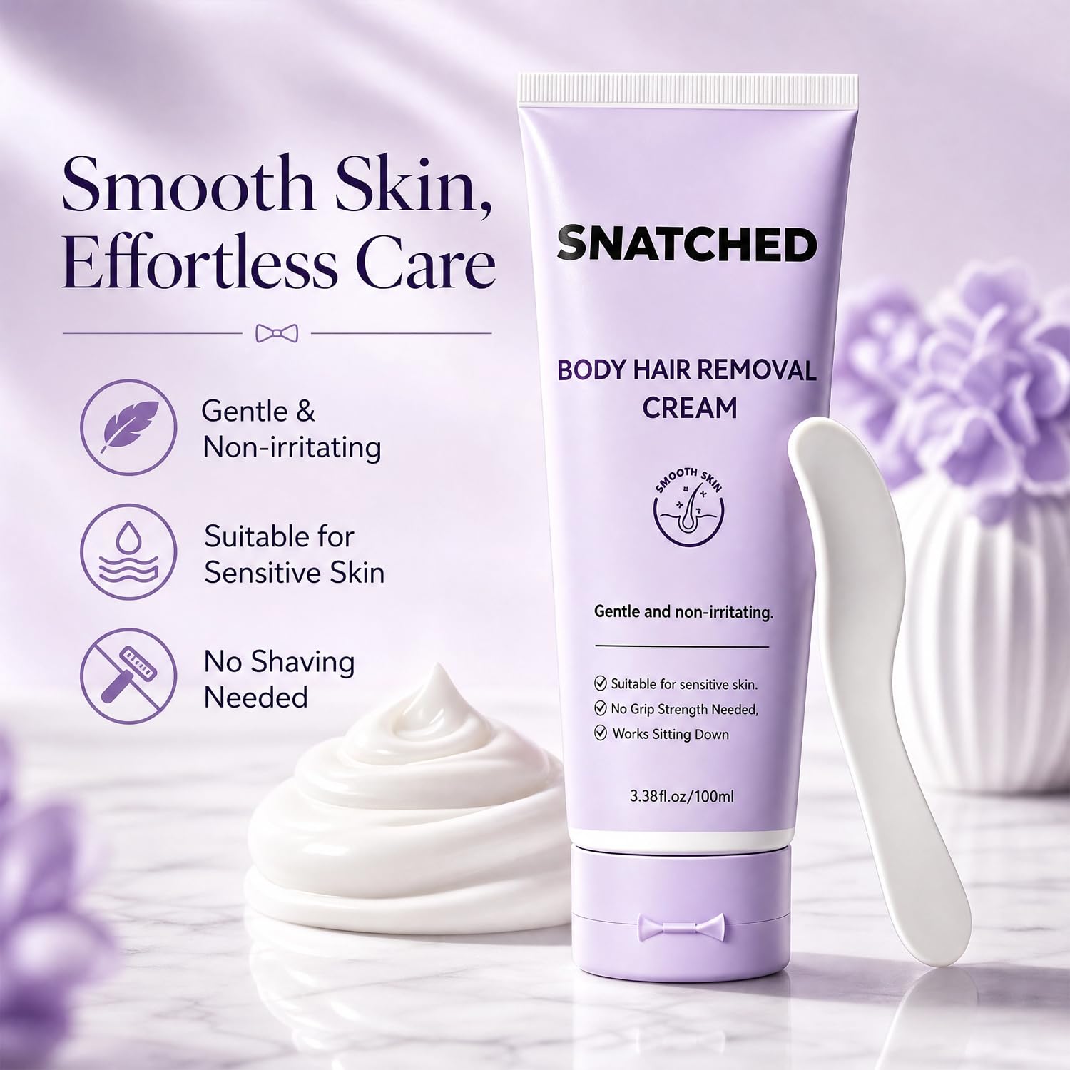 Snatched Hair Removal Cream, Gentle Painless Cream for Woman Aged 65+, Fast Body Hair Remover with Smooth Skin Finish, Sensitive Skin Care for Legs, Arms, Underarms, Stomach, Bikini Line
