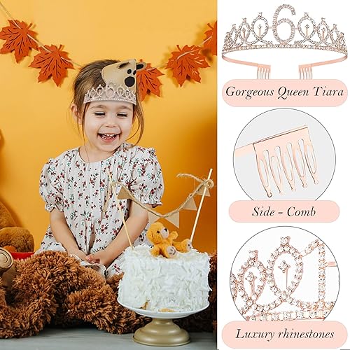 Miniatura 3 de Decoraciones de 6 cumpleaños para niñas, incluye adorno para pastel de cumpleaños de 6 años, banda reina con alfiler de perlas, corona de tiara