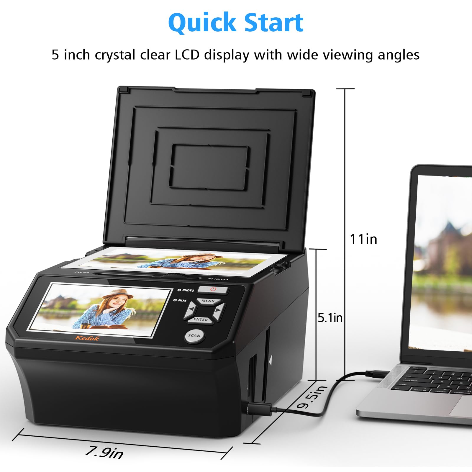 Scanner multi-photos pour photos, diapositives et négatifs, scanner photo à numériser avec grand écran LCD de 5, convertir 35 mm, 110 films/photo/carte de visite en JPEG numérique 22 MP