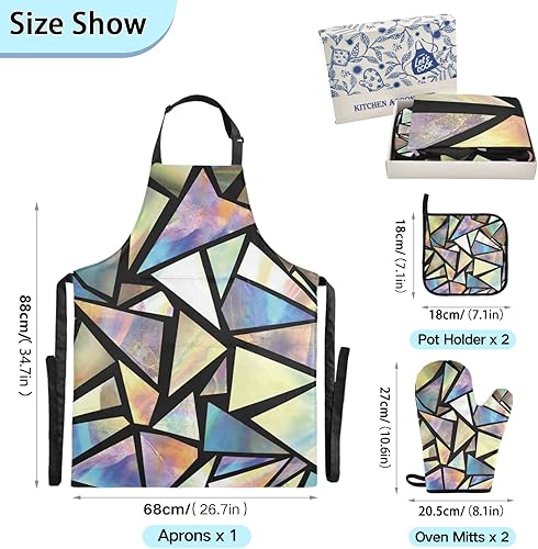 Miniatura 3 de xigua Juego de ropa de cocina con triángulos iridiscentes, delantal de cocina abstracto, 2 agarraderas, 2 guantes de horno, accesorios de cocina