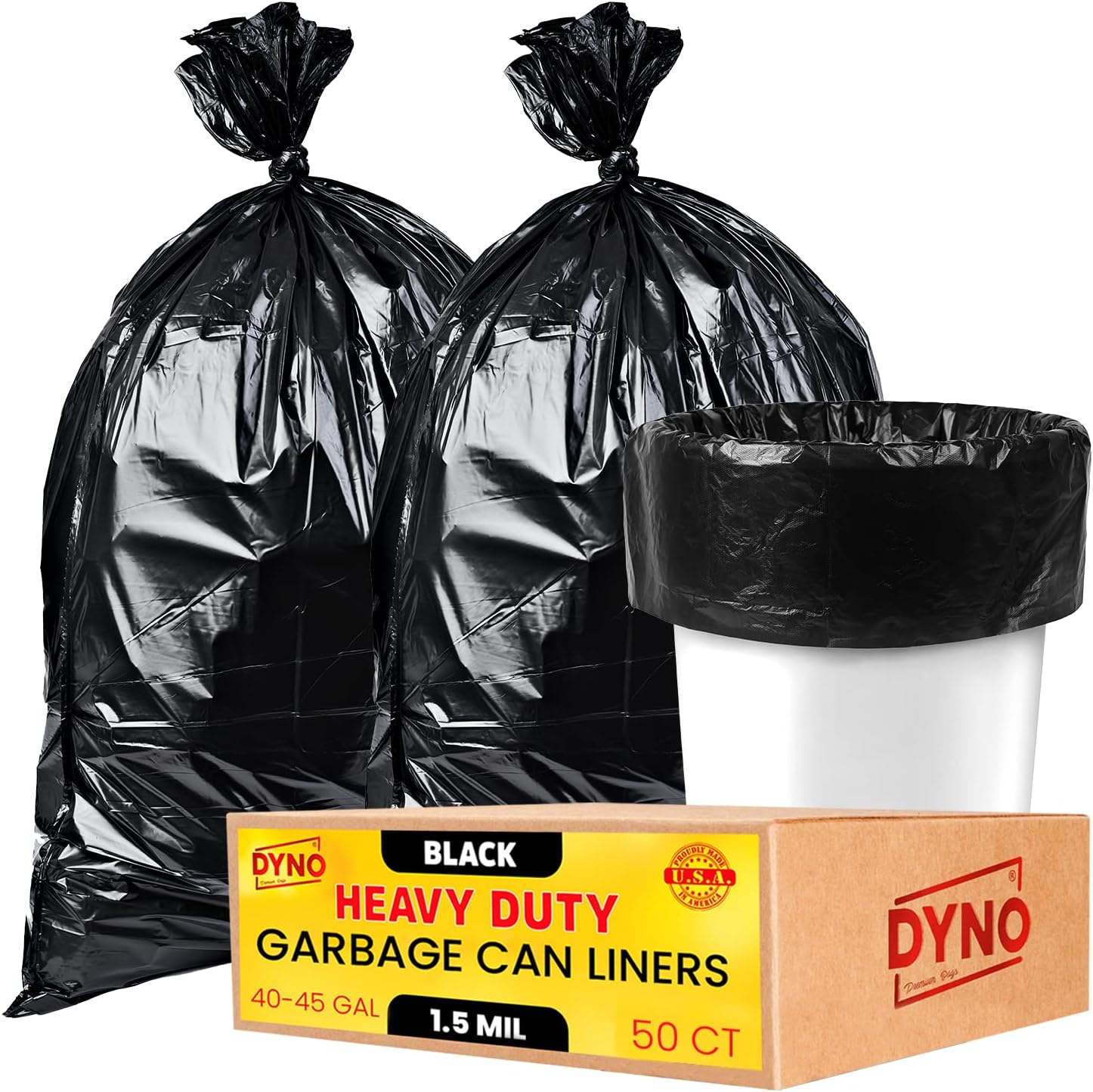 Dyno Products Online 40-45 Gallon Heavy Duty Trash Bags, 1.5 Mil Black, 50 Count, Individually Folded, Industrial Strength, Made in USA