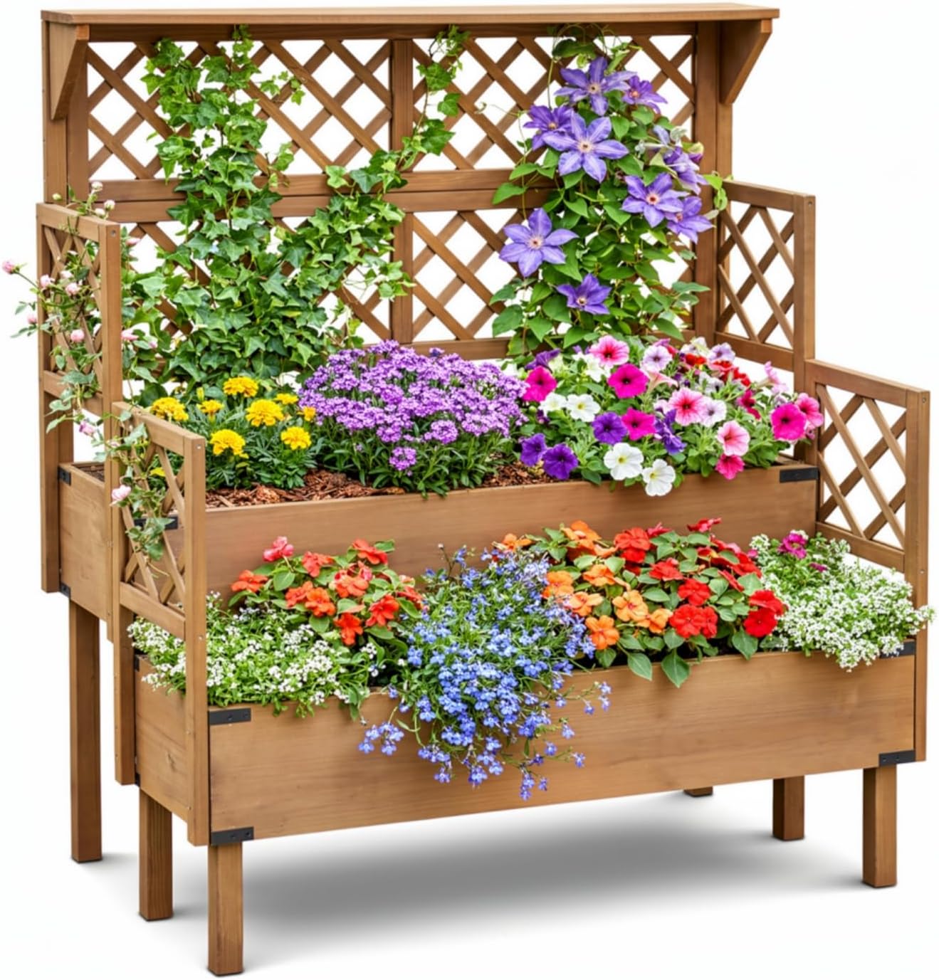 Elevated Raised Garden Bed with Trellis & 2 Planter Boxes, Planter Box with Drainage Slits Liner & Top Shelf, for Climbing Plants, Flowers, Vegetables, Herbs, Backyard Balcony Patio