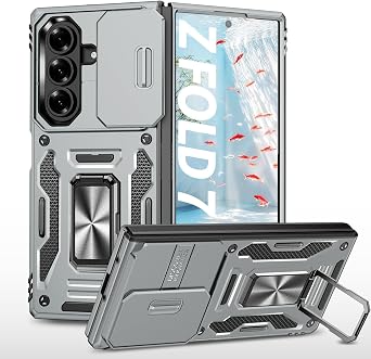 for Samsung Galaxy Z Fold 7 Case with Slide Camera Cover & Metal Ring Kickstand,Heavy Duty Military Grade Drop Resistant Phone Case for Galaxy Z Fold 7Grey