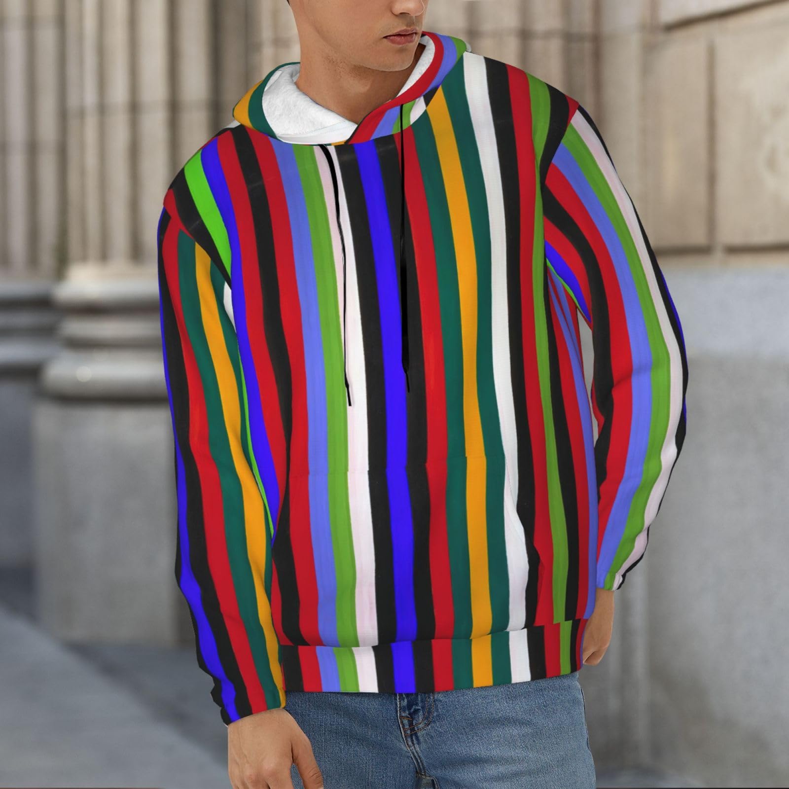 Męska bluza z kapturem w kolorowe paski, swobodny nadruk graficzny sweter z kapturem koszule z kieszenią