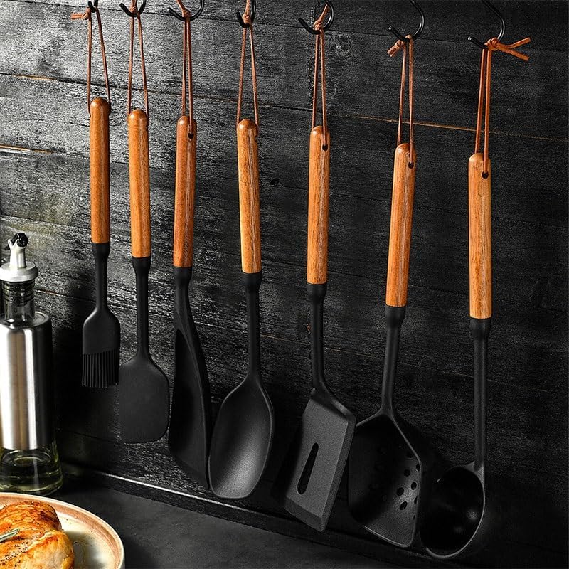 7 Piece Wooden Handle Silicone Spatula Kitchenware Set High Temperature Resistant Cooking Soup Spoon