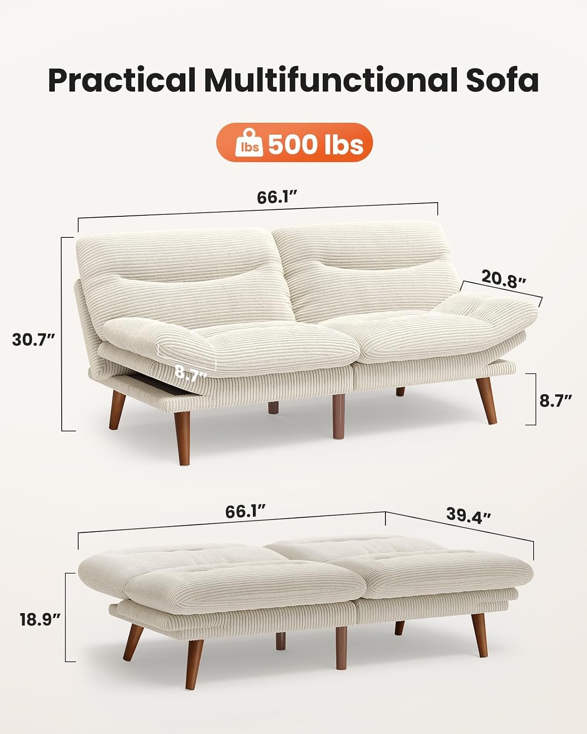66"Convertible Futon Sofa Bed, Corduroy Folding Futon Set with Adjustable Backrest &Armrests, Recliner Lounge for Living Room, Apartment or Office, Solid Wood Frame, Loveseat Sofa - Beige White