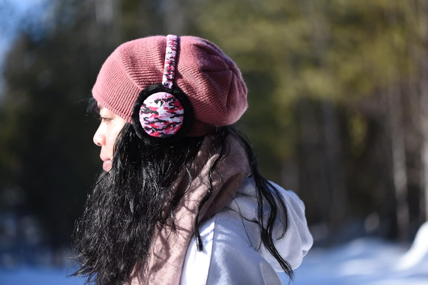 Popfizzy Camo Fluffy Ear Muffs for Men and Women, Fuzzy Adult Earmuffs, Adjustable Winter Ear Warmer Headband