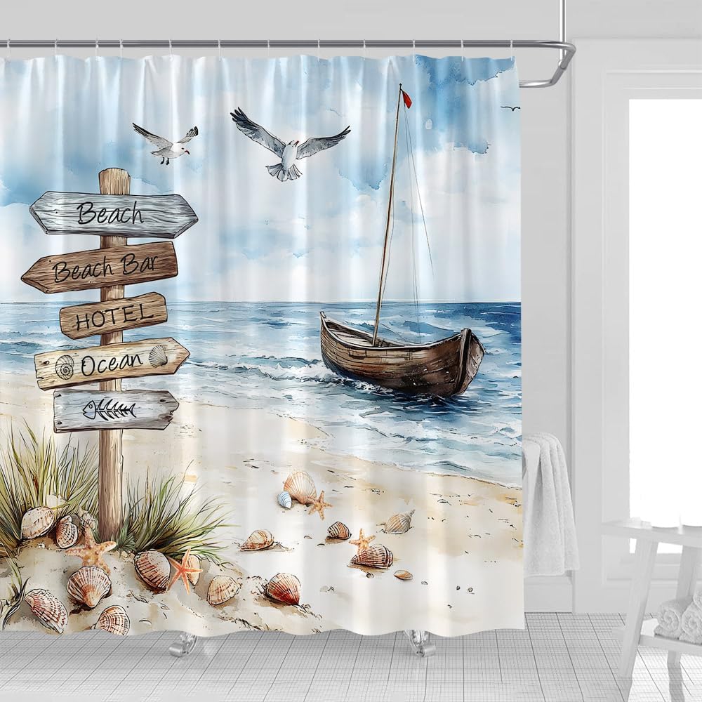 Nautical Beach Shower Curtain Watercolor Ocean Boat Seagull Seascape Starfish Shell Blue Sea Bird Farmhouse Fabric Bathroom Decor Curtains with Hooks,90 x 70