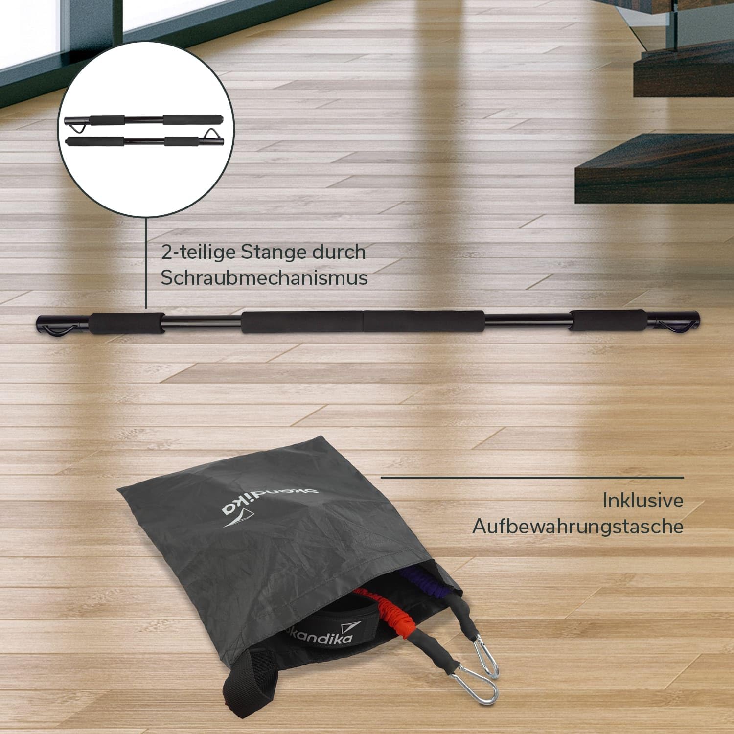 Skandika Multi-Widerstandsbänder mit Stange | Pilates Bar mit Resistance Bands, Krafttraining, 3 Widerstandsstufen, Online Trainingsguide, viel Zubehör, Fitnesstraining, nutzbar mit Nemo IV und V3000