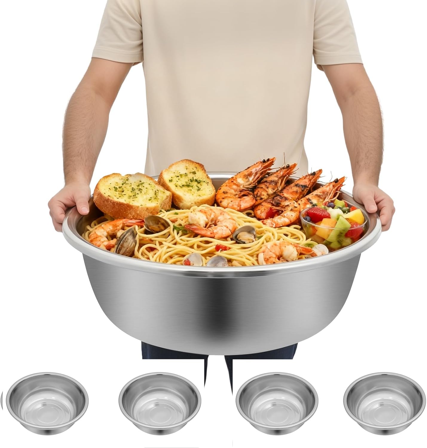 4-Piece Stainless Steel Mixing Bowls Set, Extra Large 23.6” Salad & Dough Bowls - Commercial Grade 201 Stainless, Dishwasher Safe, for Bulk Food Prep & Baking