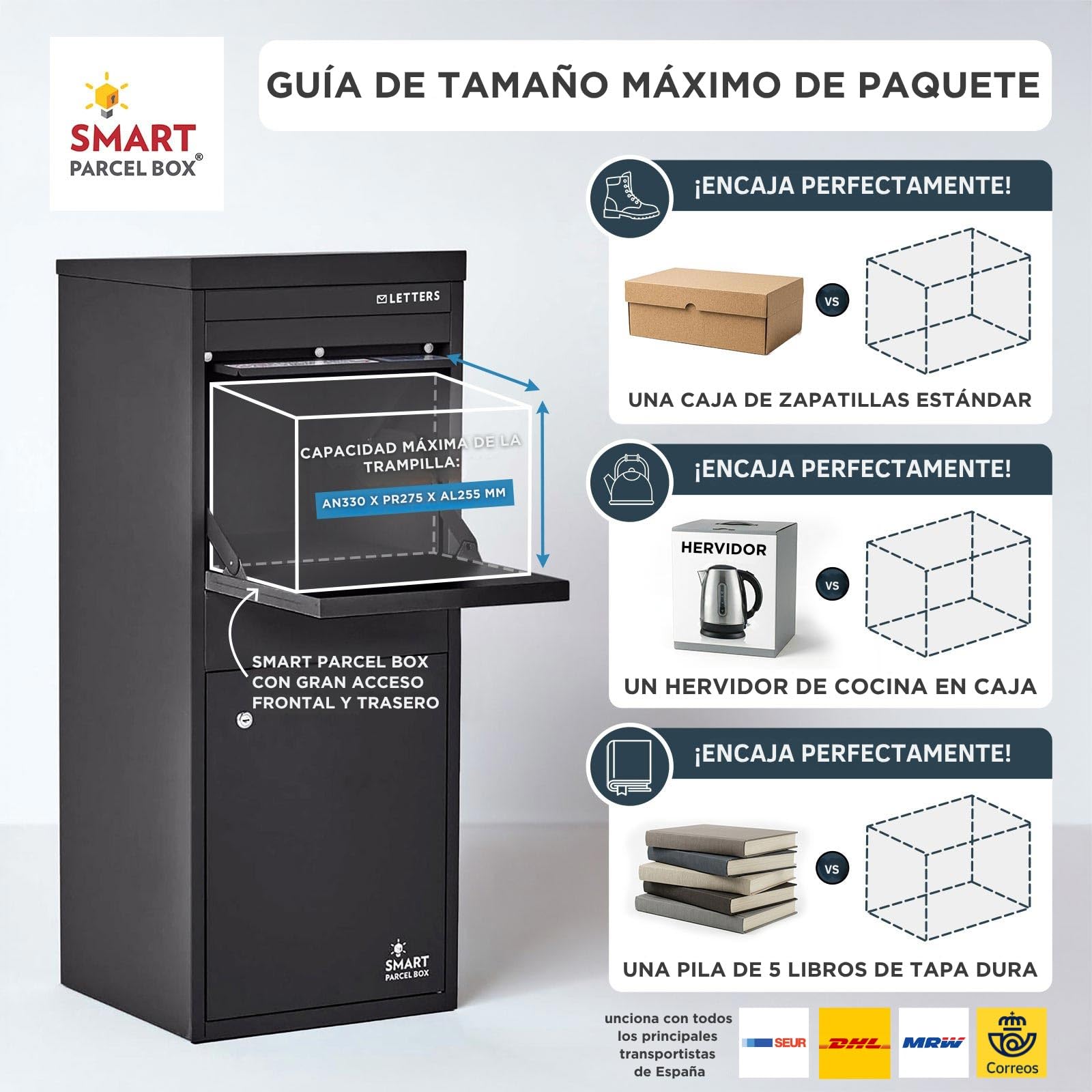 Smart Parcel Box - Buzón inteligente para paquetes tamaño grande, para entregas de compras en linea, con puertas de acceso delantera y trasera, montaje sobre suelo, pared o puerta