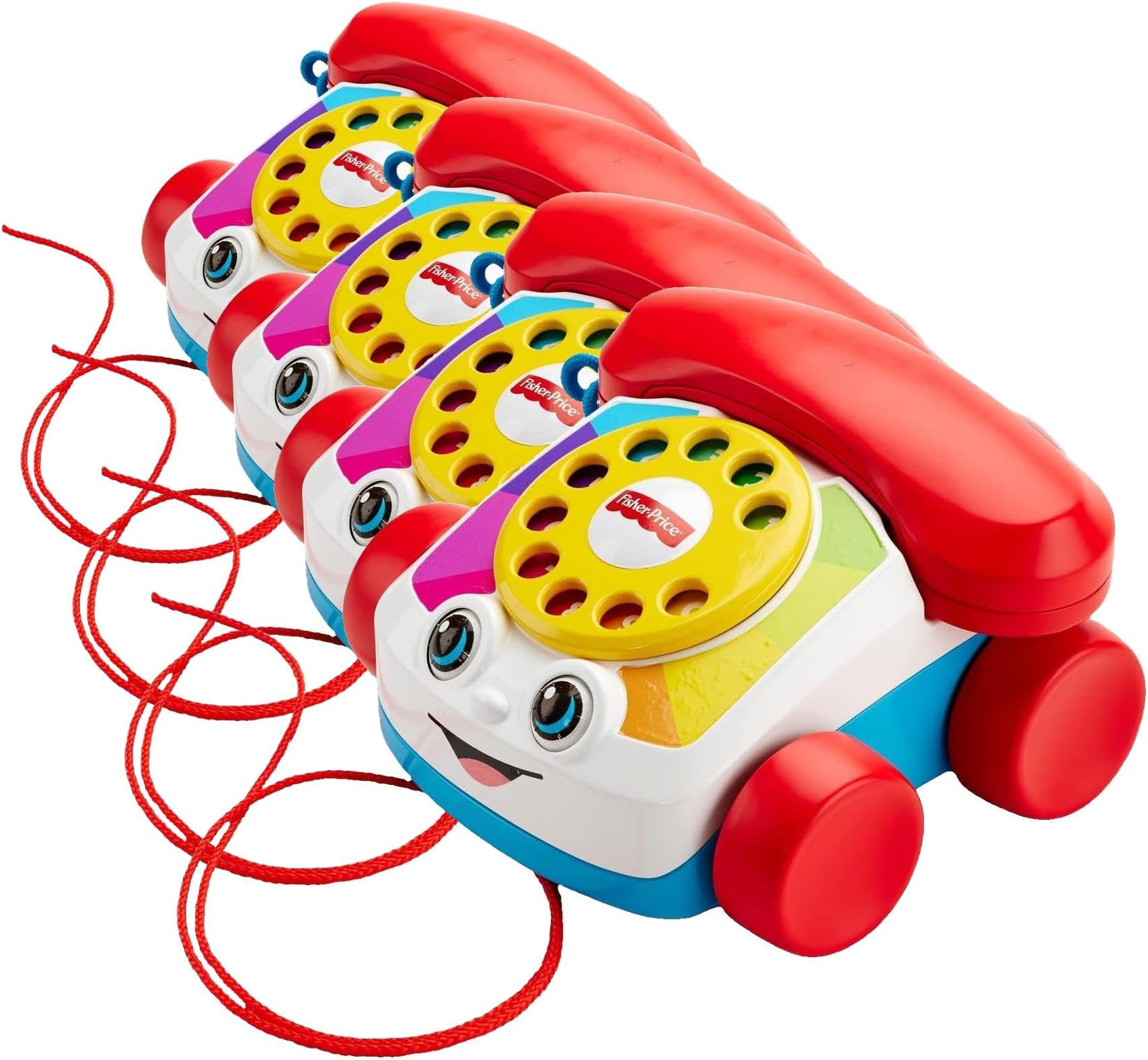 Toddler Pull Toy Chatter Telephone Pretend Phone with Rotary Dial and Wheels for Walking Play Ages 1+ years, FGW66 (Pack of 4)