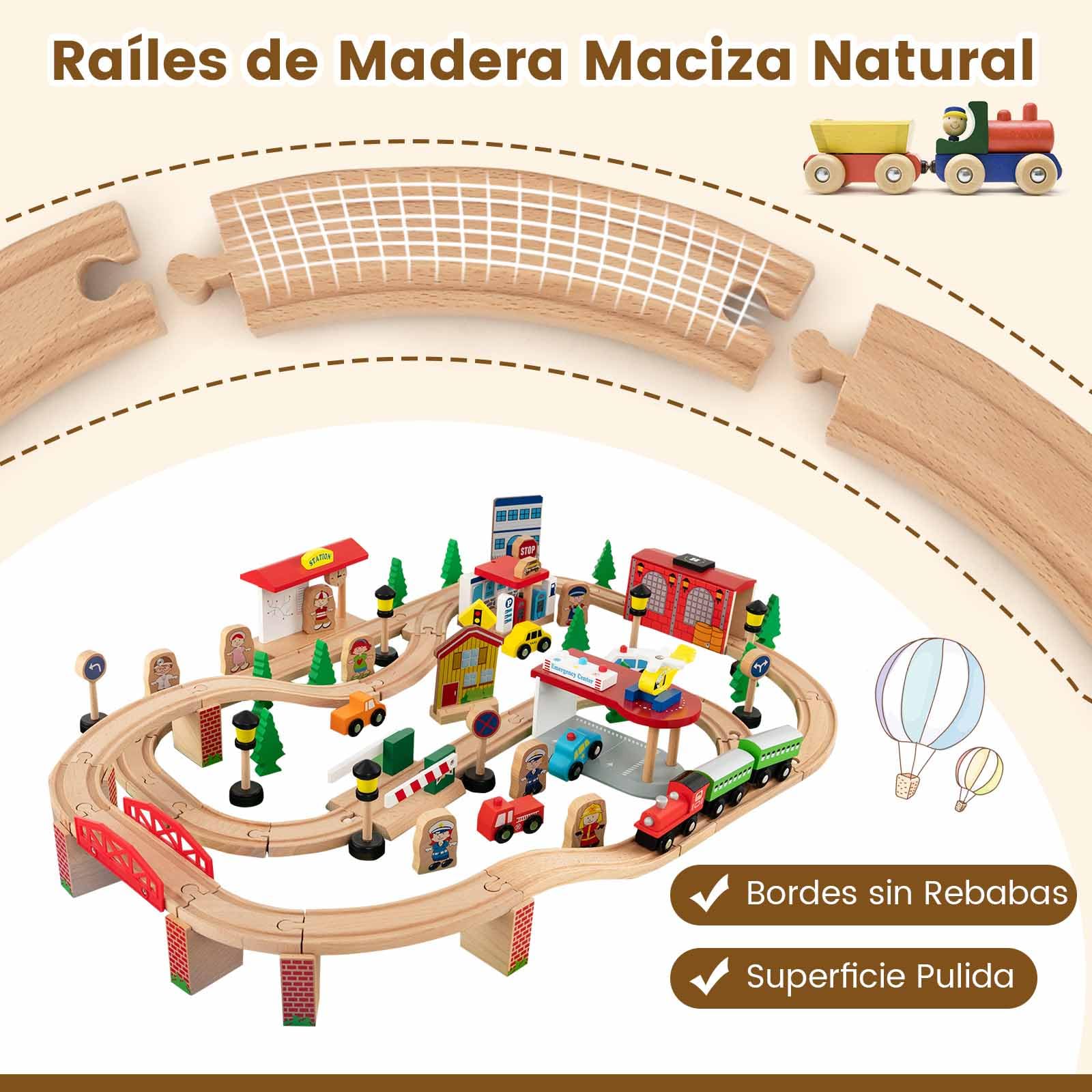 COSTWAY Mesa de Juegos de Tren de Madera, 84 Piezas, Cajón de Almacenamiento, Circuito de Tren de Madera Maciza para Niños y Niñas 3+ Años, 97 x 62,5 x 39,5 cm, Natural (84 Piezas)
