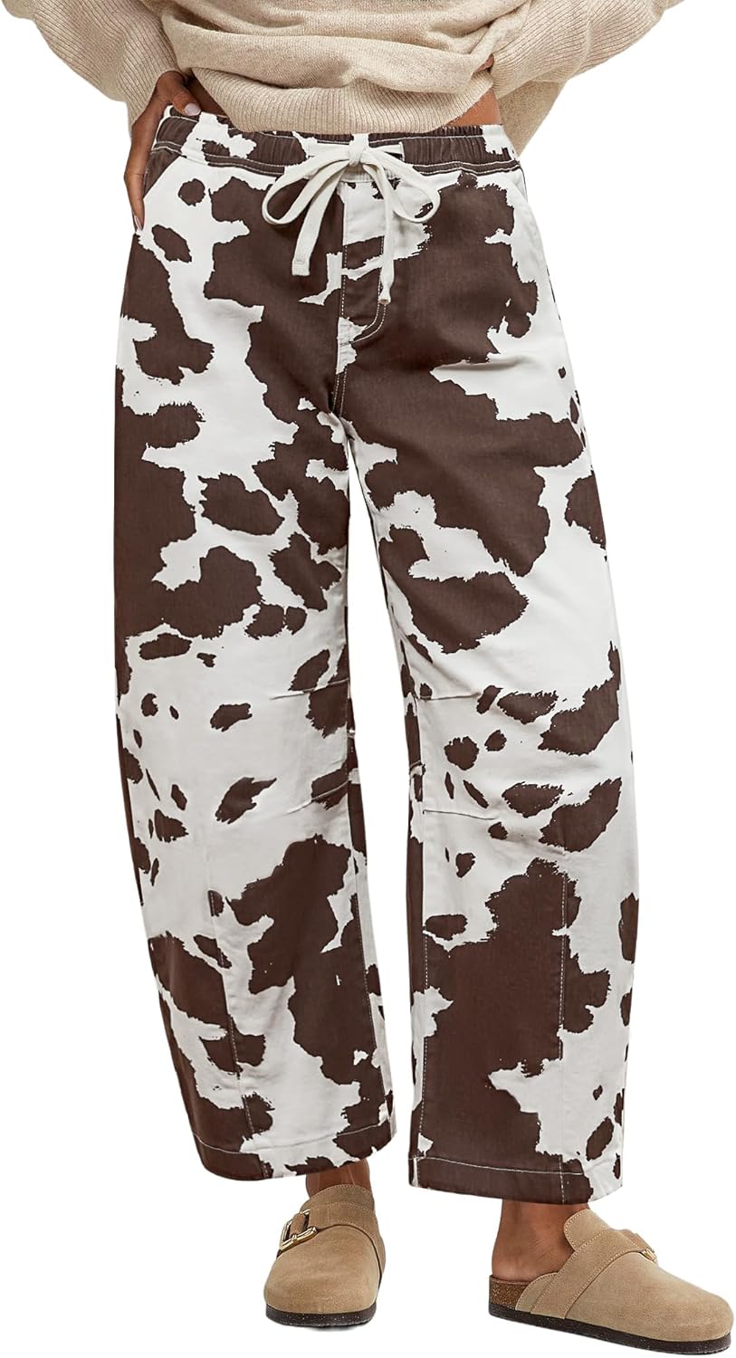 GRAPENT Barrel Jeans for Women Trendy High Waisted Pull On Wide Leg Cropped Leopard Cheetah Print Stretchy Denim Pants