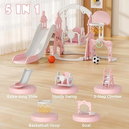 Miniatura 8 de KORIMEFA Juego de toboganes y columpios 5 en 1 para niños, tobogán para niños pequeños con aro de baloncesto, columpio, parque infantil interior y