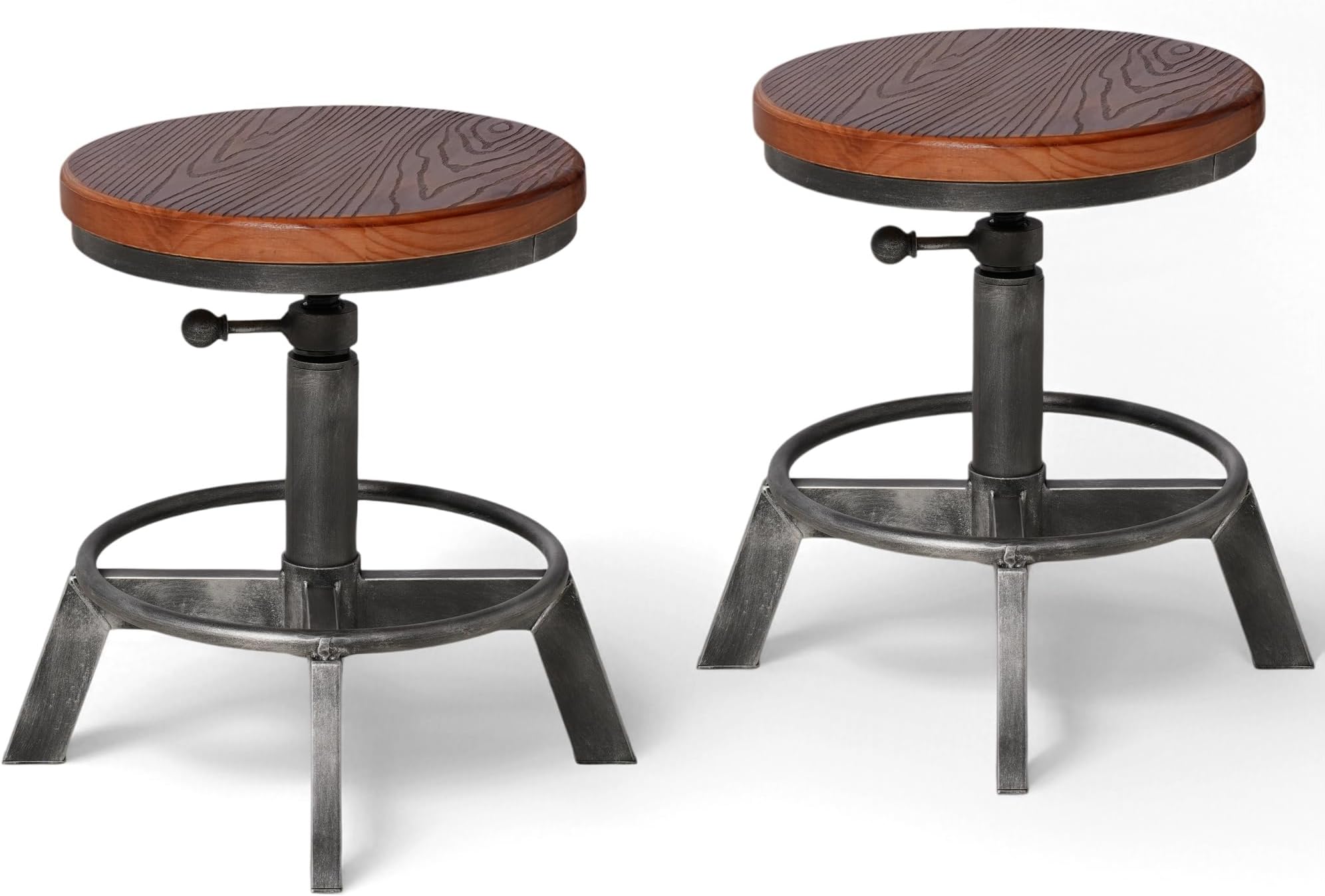 Set of 2-Industrial Bar Stool-Counter Height Chairs- Swivel Wooden Seat- Adjustable 15.2-21"