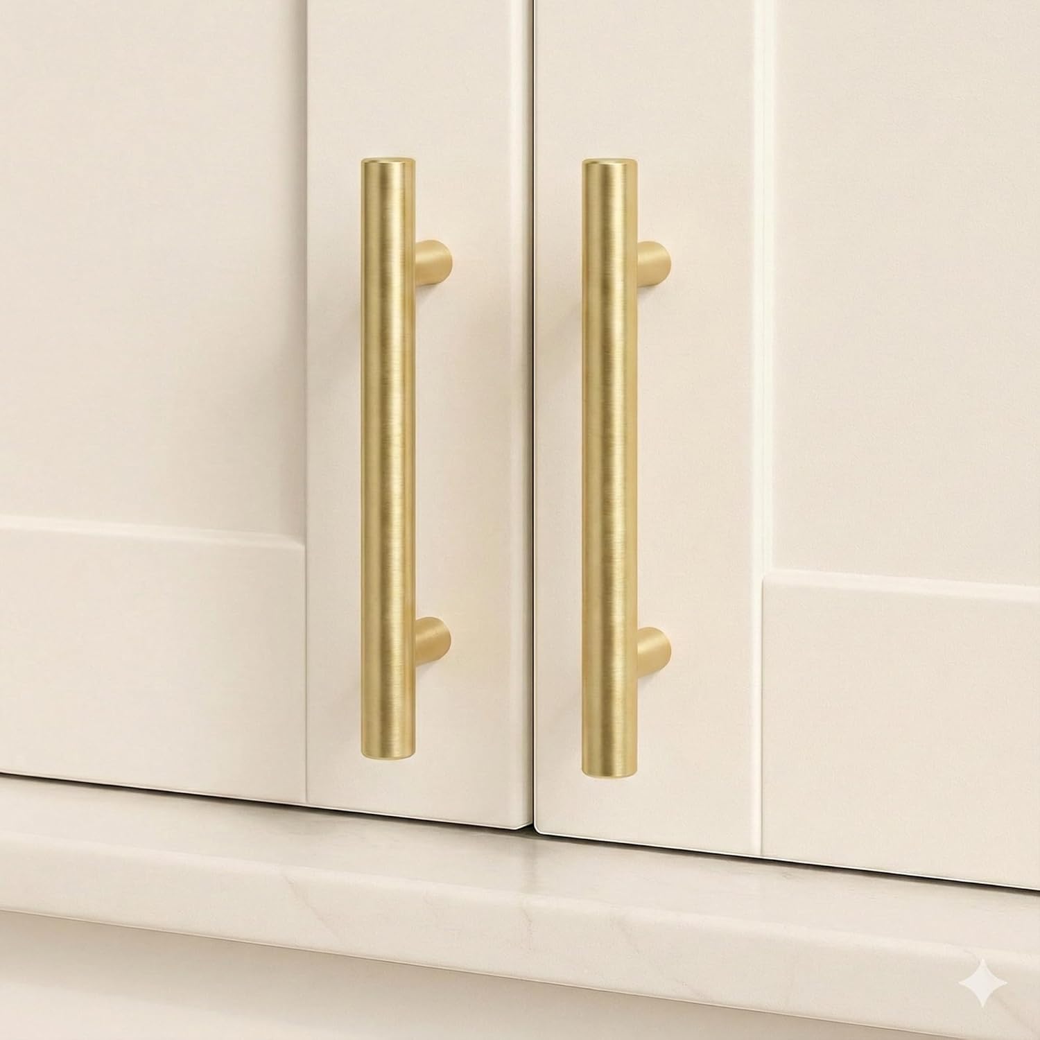QOGRISUN 10-Pack Solid Brass Cabinet Pulls, Gold Euro Style T-Bar Handles, 3 Inch Hole Center for Kitchen Drawers, Cupboard, Dresser, Bathroom Vanity, Brushed Brass Finish