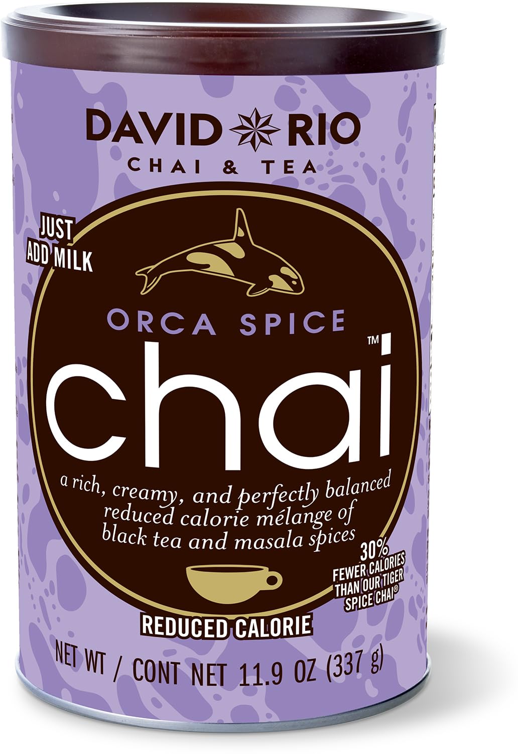 David Rio Orca Spice Chai I 337g Dose I zuckerfreier Chai Latte mit schwarzem Tee, Zimt, Ingwer & Nelken, würziger Tee ohne Zuckerzusatz