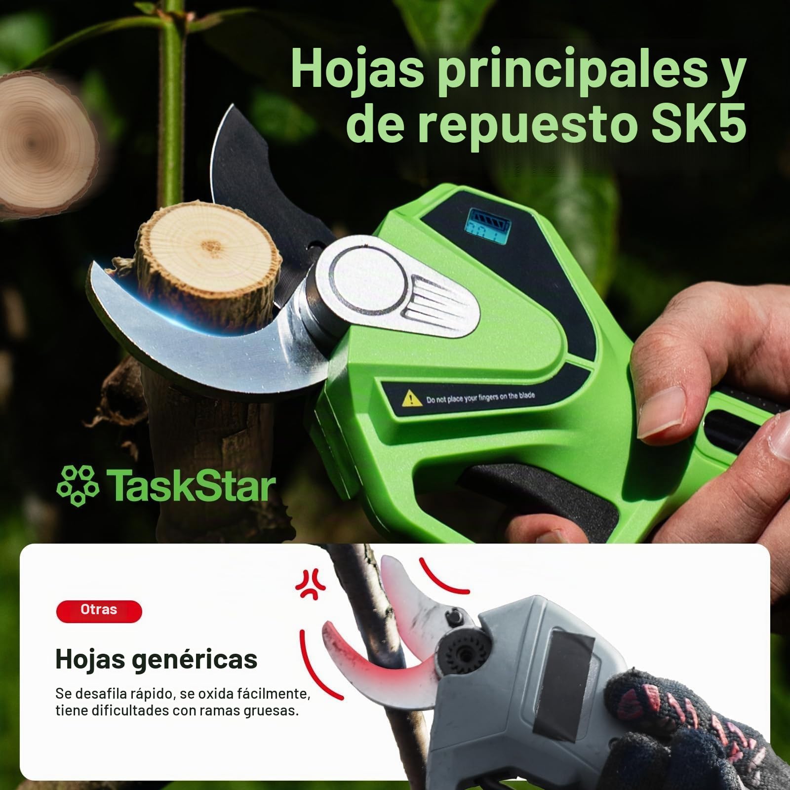 TaskStar Tijera de Podar Eléctrica con Mango Telescópico: 2-en-1 Tijeras de Jardín Eléctricas- Motor Sin Escobillas, 2X 4,0Ah Baterías, Hoja SK5 Extra, 2 Modos, Corte de 40mm para Árboles y Flores