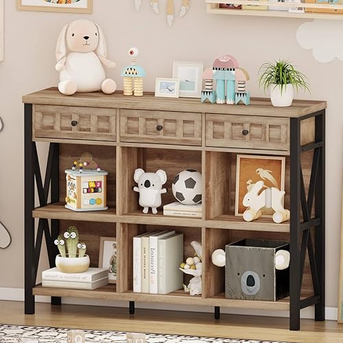 Miniatura 6 de FATORRI Estante organizador de almacenamiento rústico de 6 cubos con 3 cajones, estantería horizontal larga, estantería industrial de madera y metal