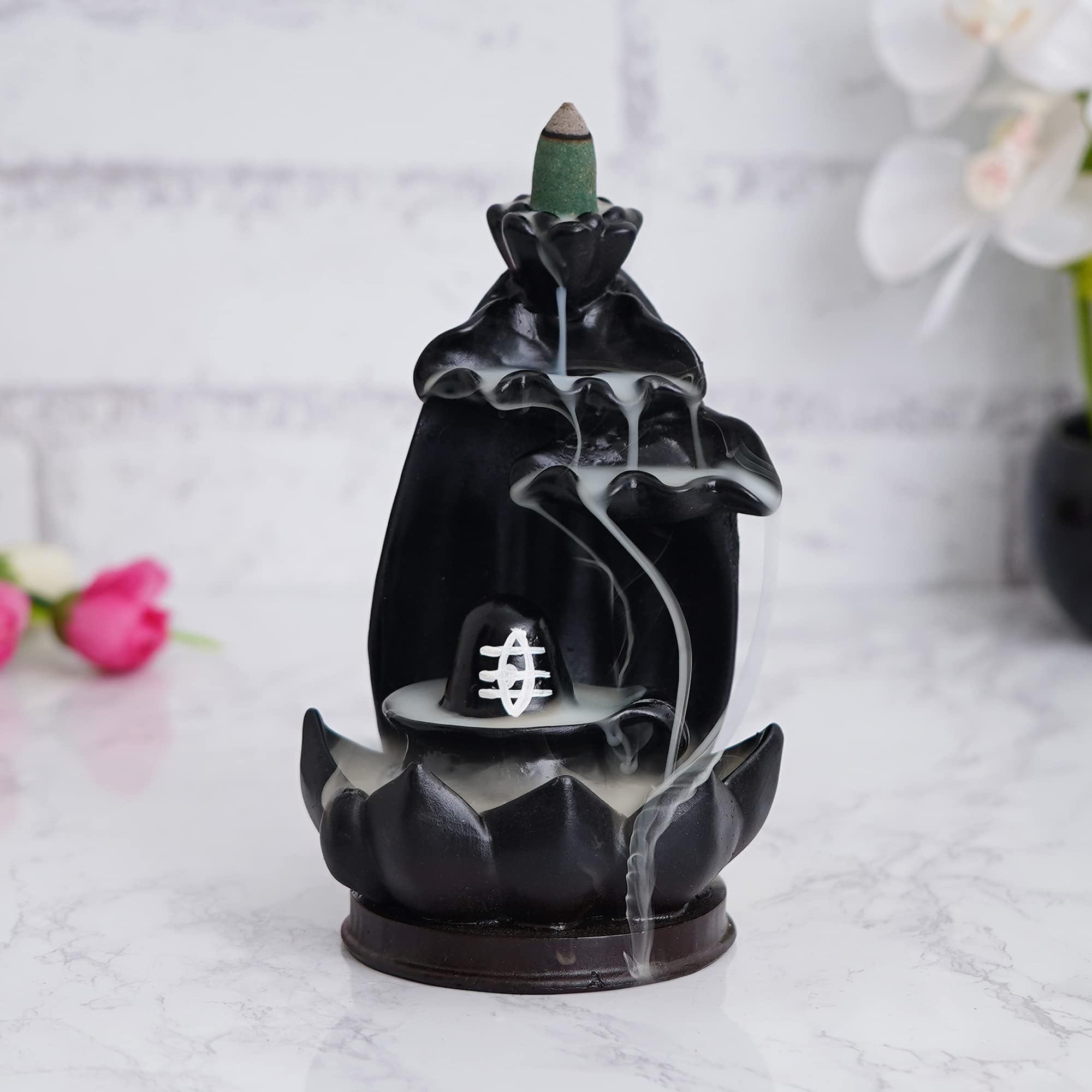 Webelkart Polyresin Shivling Backflow Smoke Incense Holder/Smoke Fountain for Home with Free10 Scented Incense Cones| Shiva Smoke Fountain (Black,7 Inches)(Conical)