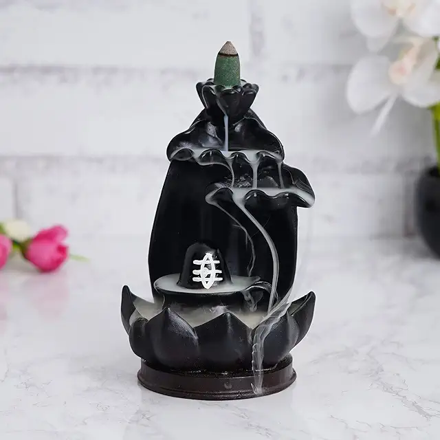 Webelkart Polyresin Shivling Backflow Smoke Incense Holder - Shiva Smoke Fountain (Black, 7 Inches)
