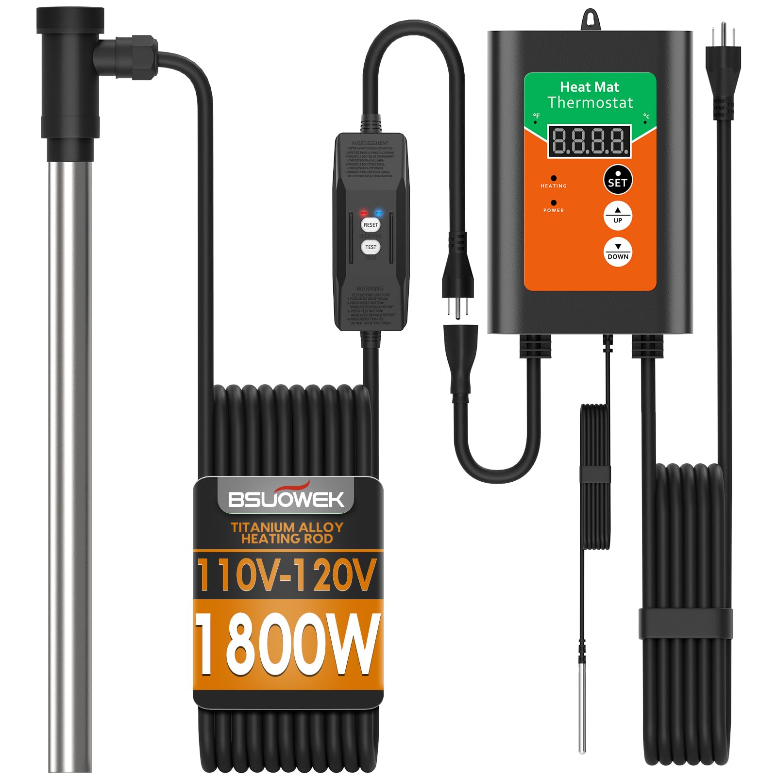 1800W Titanium Fully Submersible Portable Electric Immersion Hot Tub & Pool Water Heater with LCD Temperature Controller & Leakage Protection, Ideal