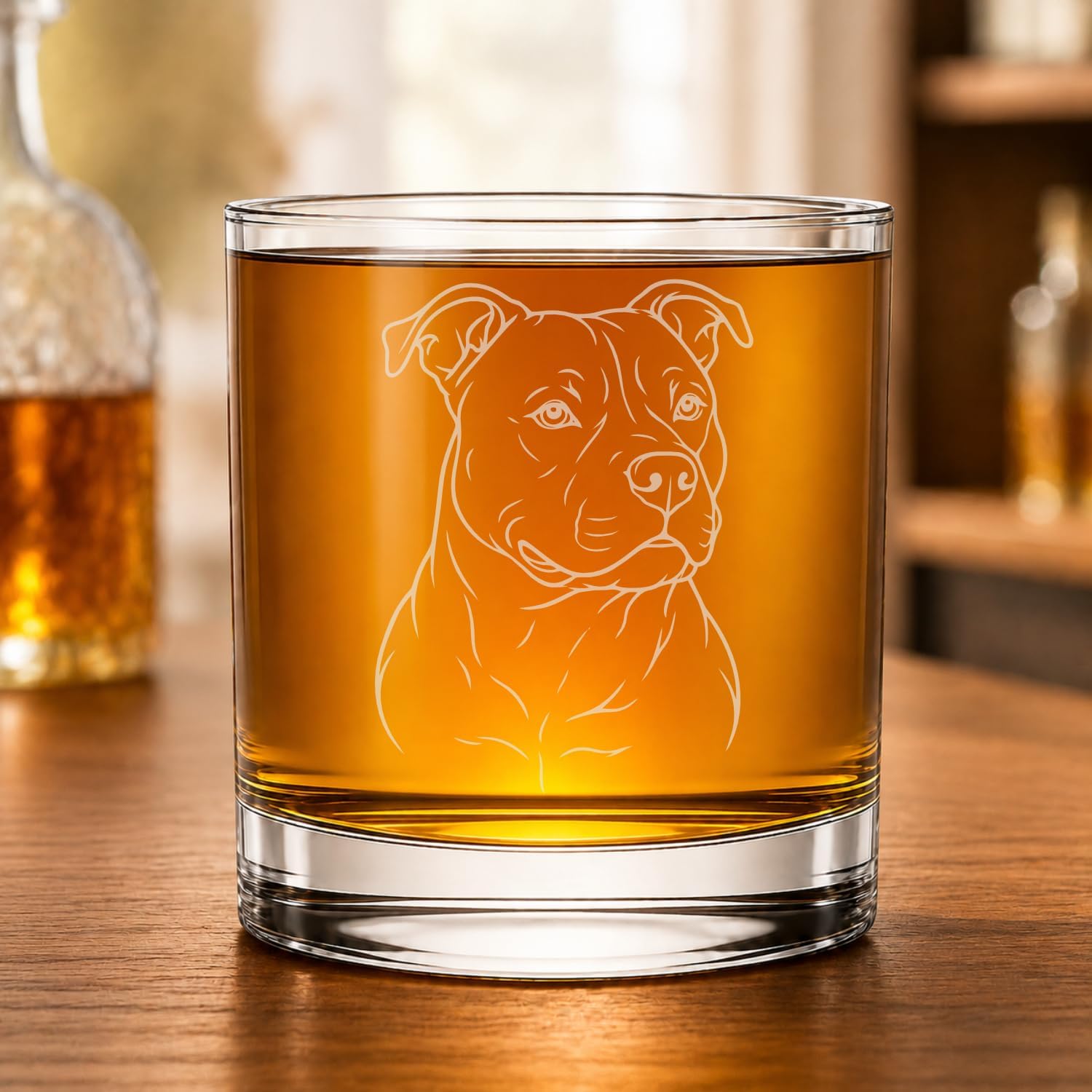 Pitbull Terrier Dog Whiskey Glass, 11 oz Engraved Rocks Glass