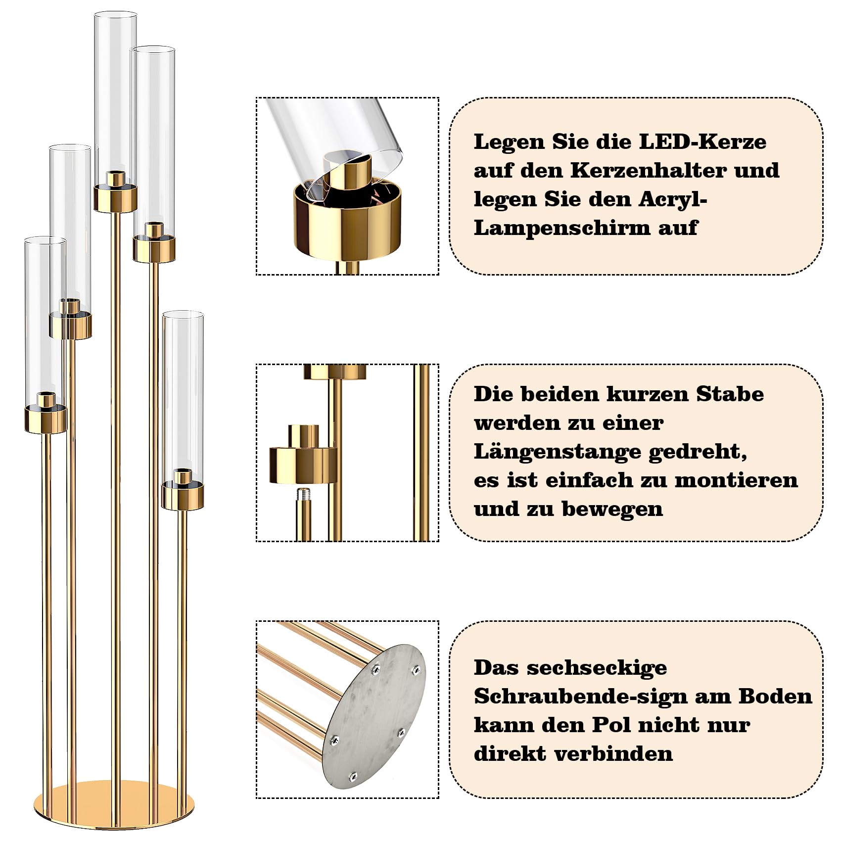 2er Set Kerzenständer 5 Arm für Hochzeitstisch,106cm Hohe Kerzenhalter mit Acryl Lampenschirm, Metall Gold Kerzenstöcke Halter für Party Home Dekoration Halloween Weihnachtstag