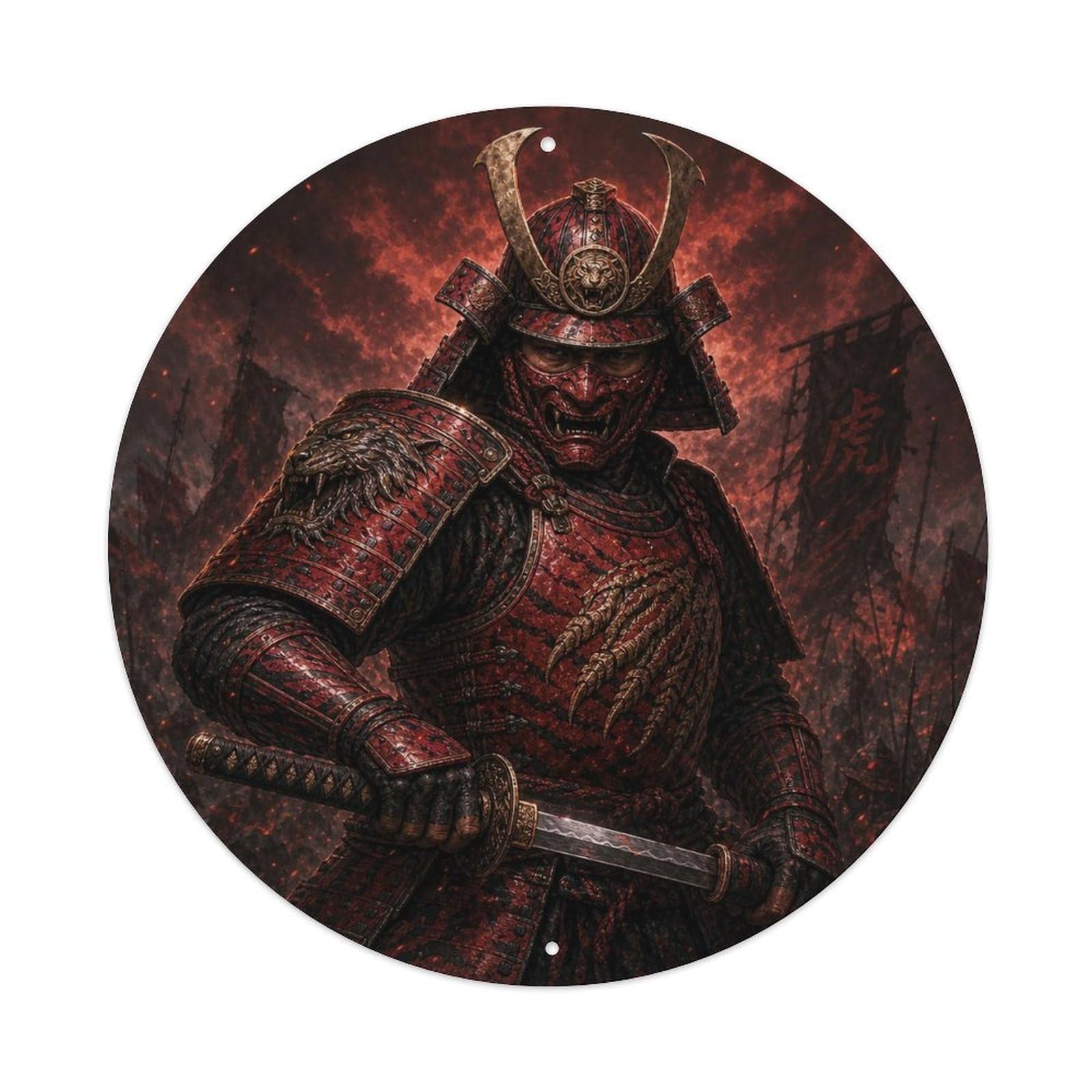 Olyhtr 8X8inch Classic Style Dark Garnet Red Single Hand Draw Stance Samurai Crest Metal Tin Sign