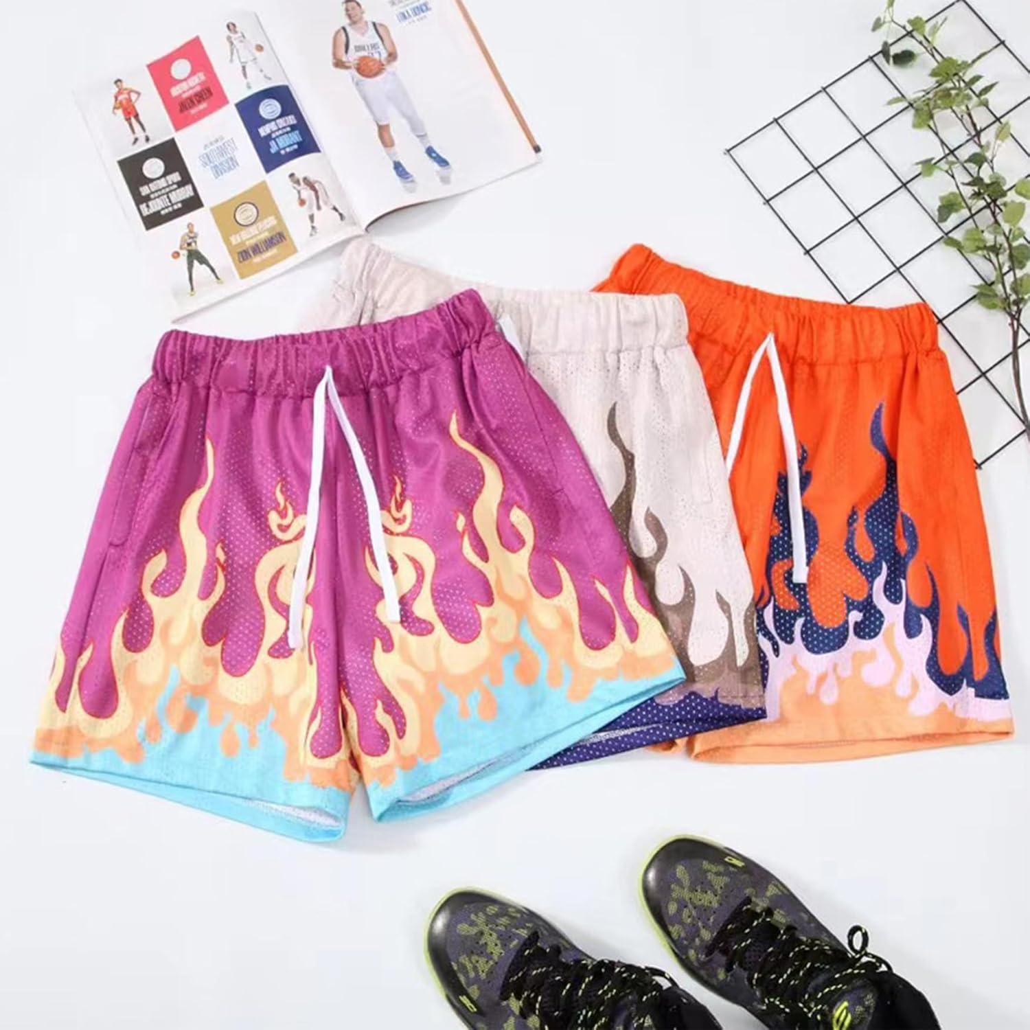 DIOTSR Mens Flame Graphic Basketball Shorts Cool Retro Running Athletic Shorts Drawstring Waist Casual Track Shorts