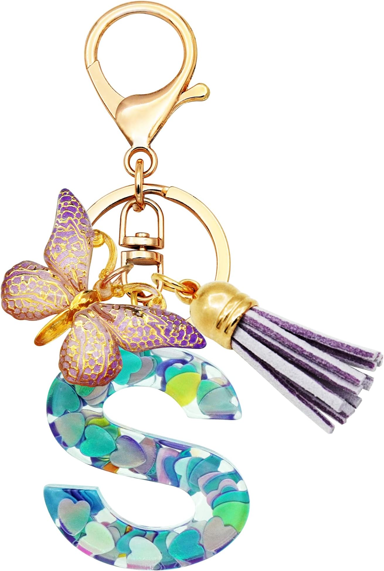 TTYY Initial Letter Keychains for Girls Women Pink Purple Green Cute Butterfly Heart Keychain for Backpack School Bag