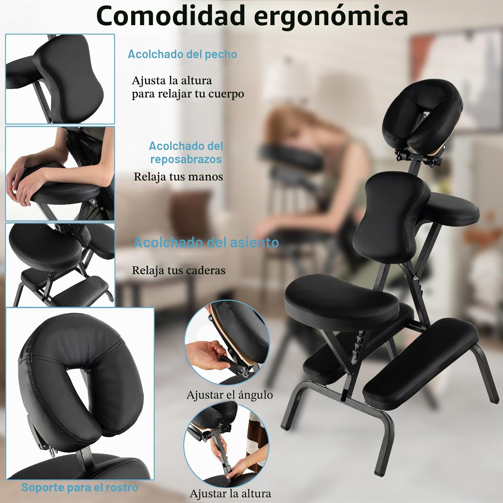 HOMASIS Sillón de Masaje Plegable, Moderno, Negro, Cuero Sintético, 55x48x120cm, 110-120cm, 160kg, 10kg, Oficina, Incluye Bolsa de Transporte de Tela Oxford