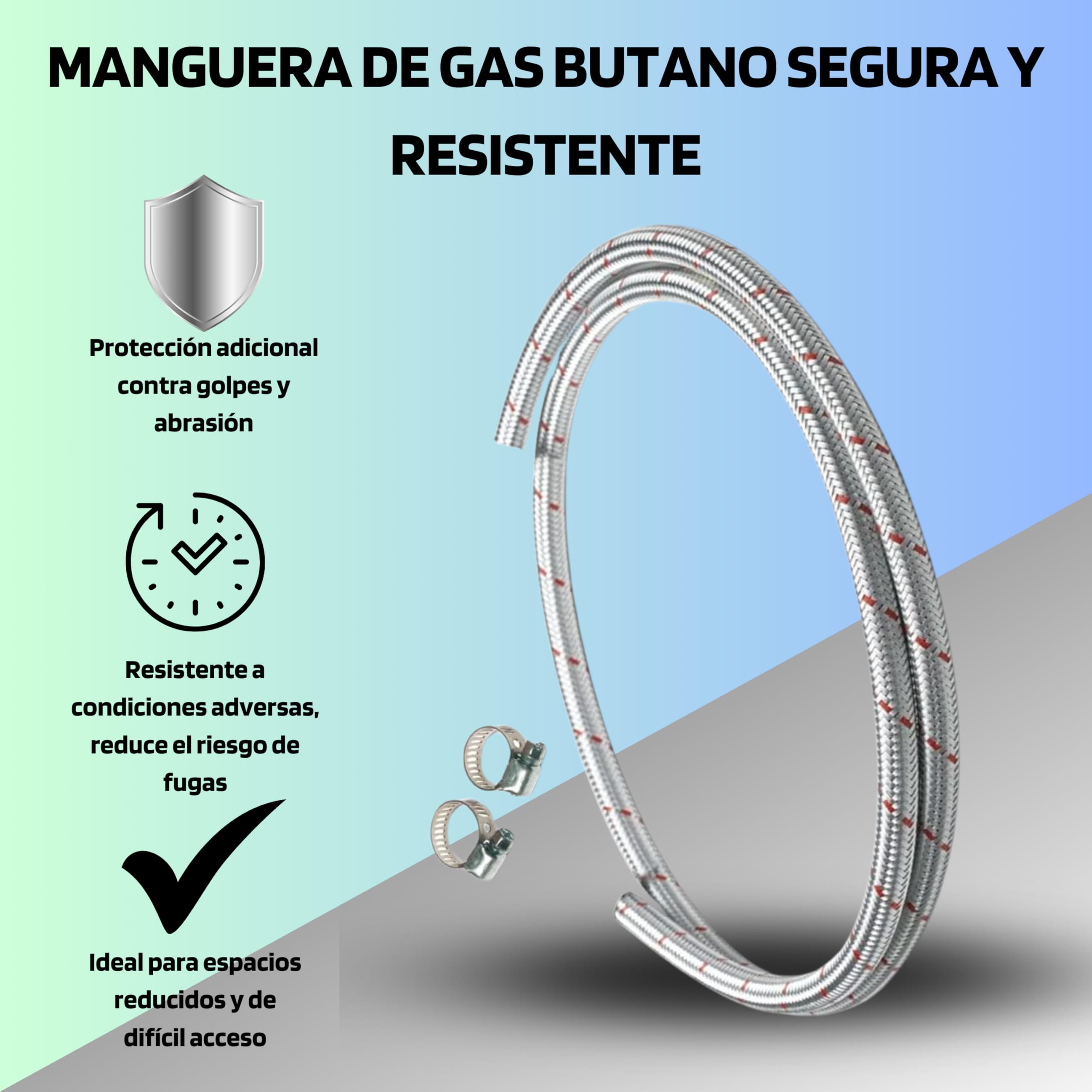 Tubo Gas Butano/Propano Trenzado Metálico 9x16mm 2 Metros - Manguera Blindada Acero para Conexión de Reguladores y Aparatos de Consumo, Apta para Gases Butano y Propano, Ideal para Instalaciones Domés