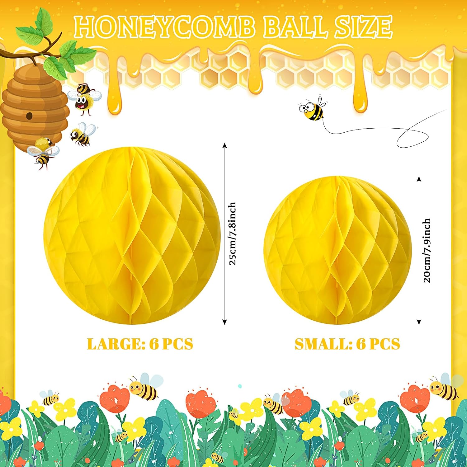 Humyoun 12 Pcs Honey Bee Party Centerpieces Hanging Decorations Yellow Bee Honeycomb with Daisy Stickers 10'' 8''Hanging Bumble Poms Poms for Gender Reveal Birthday Party Decoration