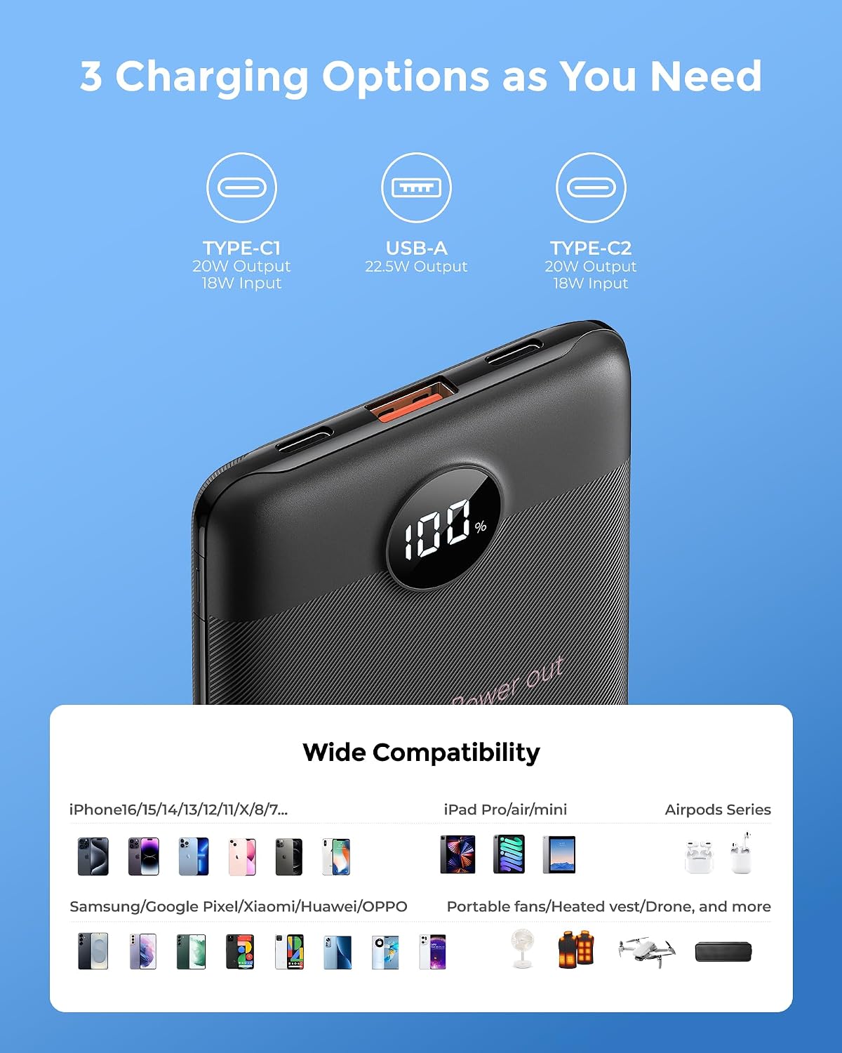 Batería Externa Carga Rápida 10000mAh, Power Bank Cable Incorporado USB C Pequeña Batería Portátil con PD 22.5W QC 3.0 Carga Adaptación iPhone/Samsung/Tablet 8