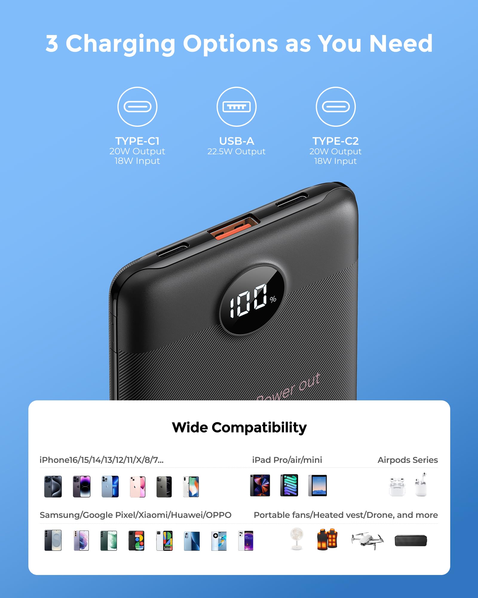VEEKTOMX Power Bank 10000mAh 22,5W PD3.0 QC 3.0 Powerbank Mini USB C Caricabatteria Portatile Ricarica Rapida con Display a LED Compatibile con iPhone Huawei Xiaomi Tablets ecc. (Nero)