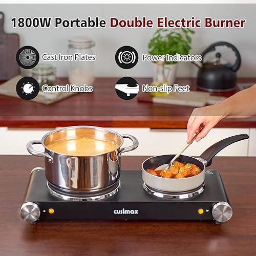 Miniatura 9 de CUSIMAX Doble quemador, placas eléctricas de 1800 vatios para cocinar, quemador portátil de encimera, placa de cocina de acero inoxidable con placas