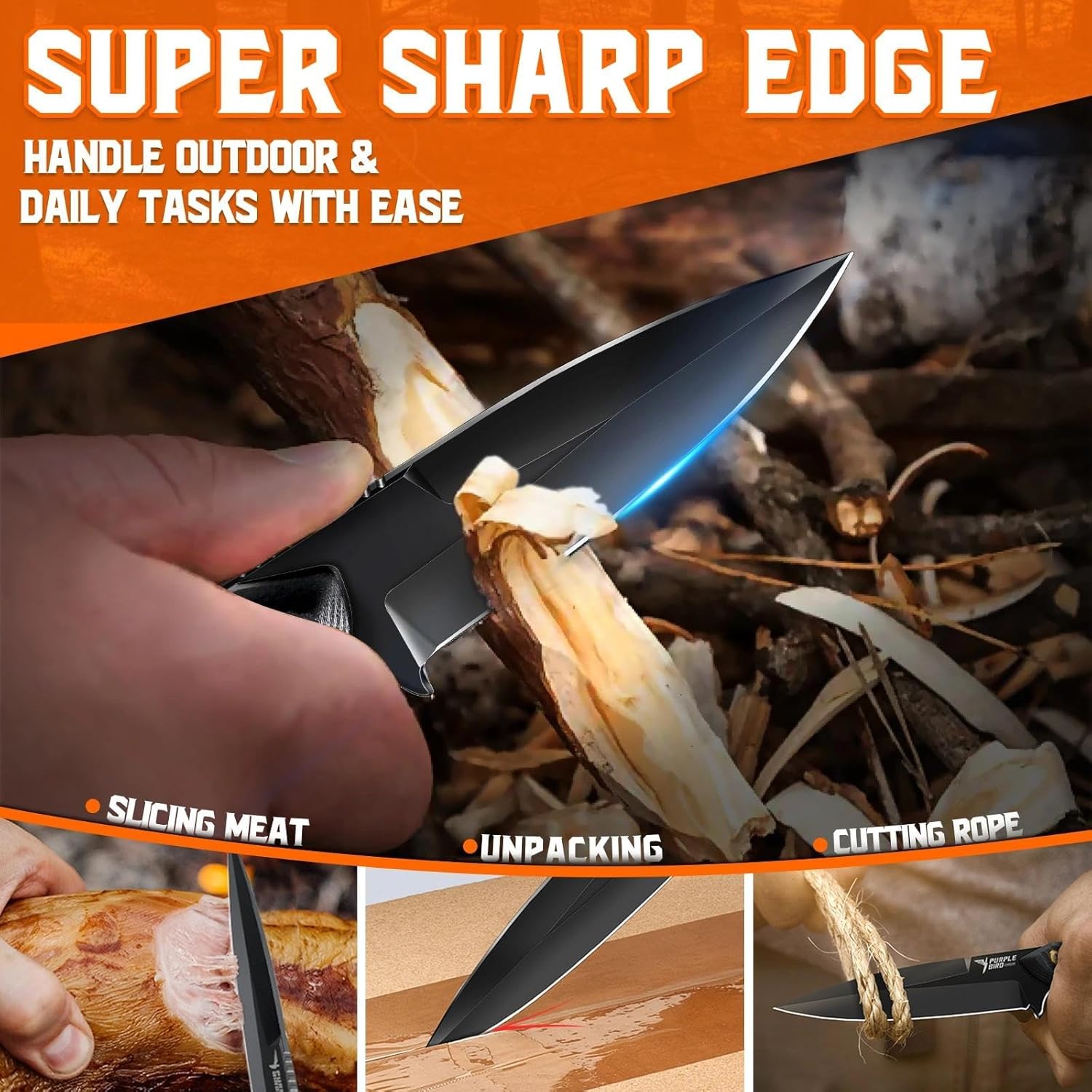 PURPLEBIRD EDC Fixed Blade Knife with Kydex Sheath - Full Tang Hunting Knife for Men with TiN-Coated 440C Blade & G10 Handle, Black Camping Knives for Survival Bushcraft, Christmas Gift for Men