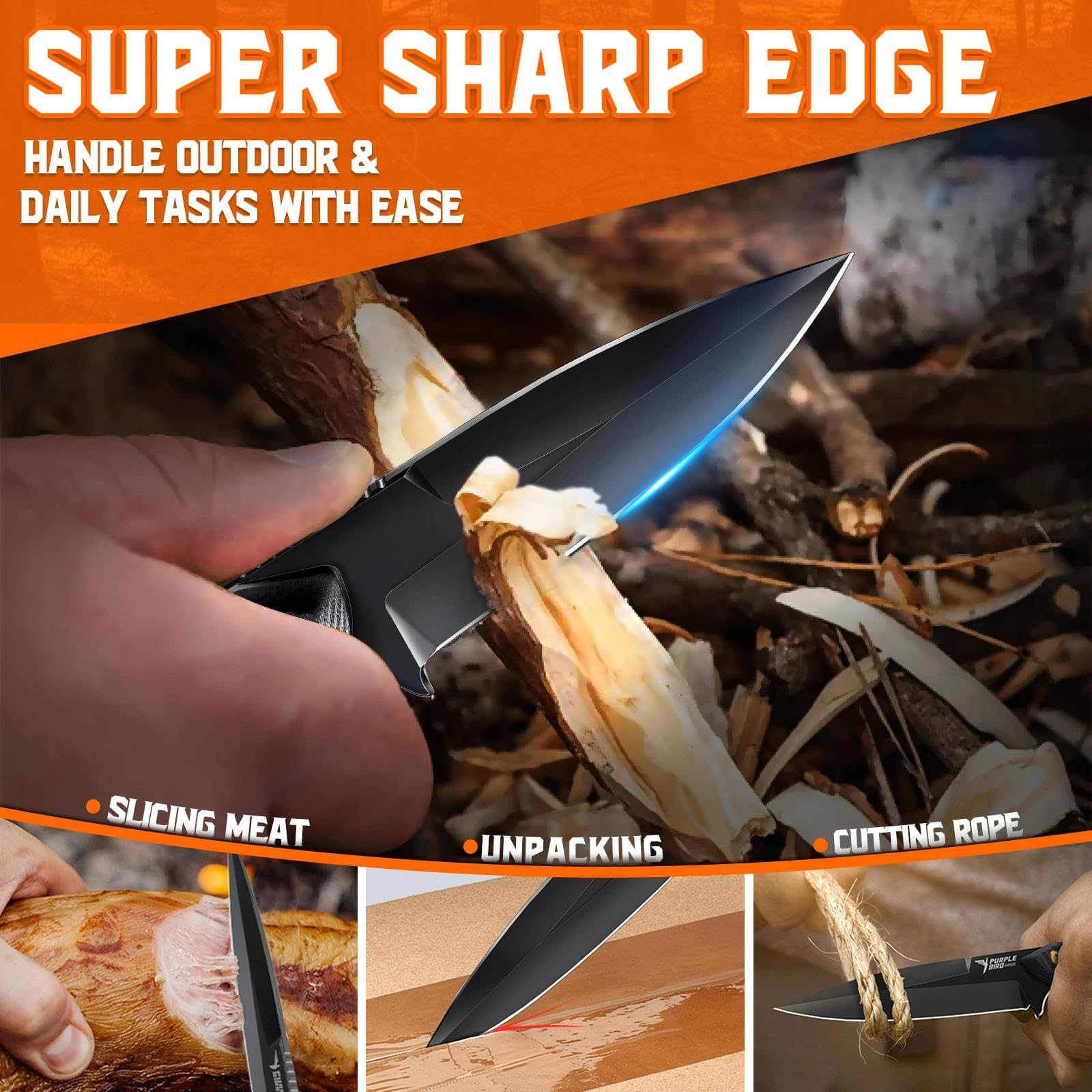 PURPLEBIRD Messer mit Feststehender Klinge, Camping Messer mit Scheide und Verstellbarer Gürtelclip, Full Tang Outdoor Messer aus 440C Stahl mit G10 Griff für EDC Überleben und Jagd (Schwarz)
