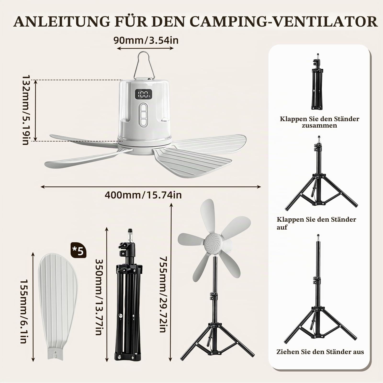40cm Deckenventilator Akku, 12000mAh wiederaufladbarer Ventilator Lampe Decke mit Fernbedienung & LED Licht, 4 Windstufen und Zeitschaltuhr Leiser Deckenventilator für Hausgebrauch and Freien