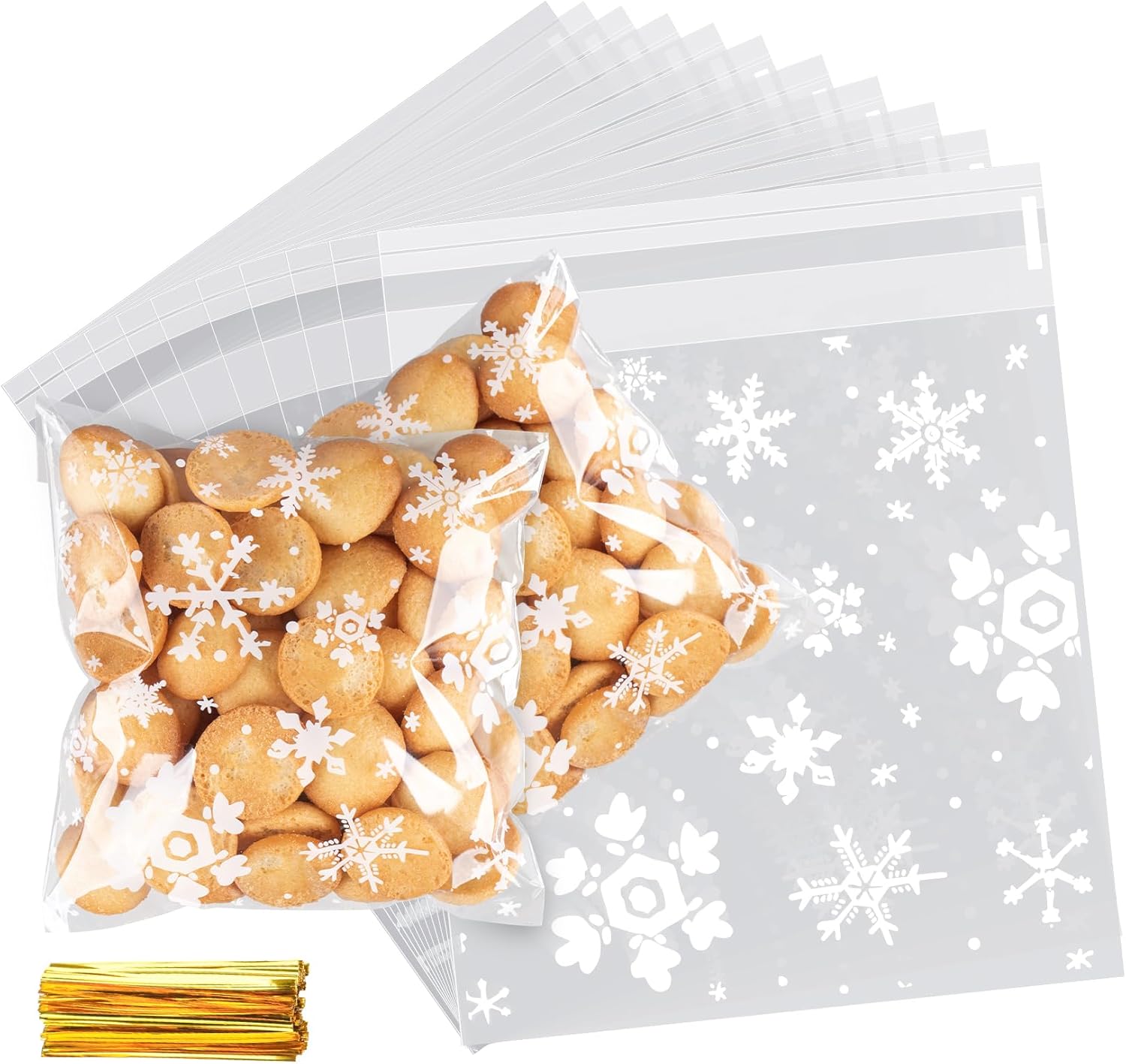 200Pcs Christmas Treat Bags, 5.5''x5.5'' Self Sealing Snowflake Cookie Bags, Clear