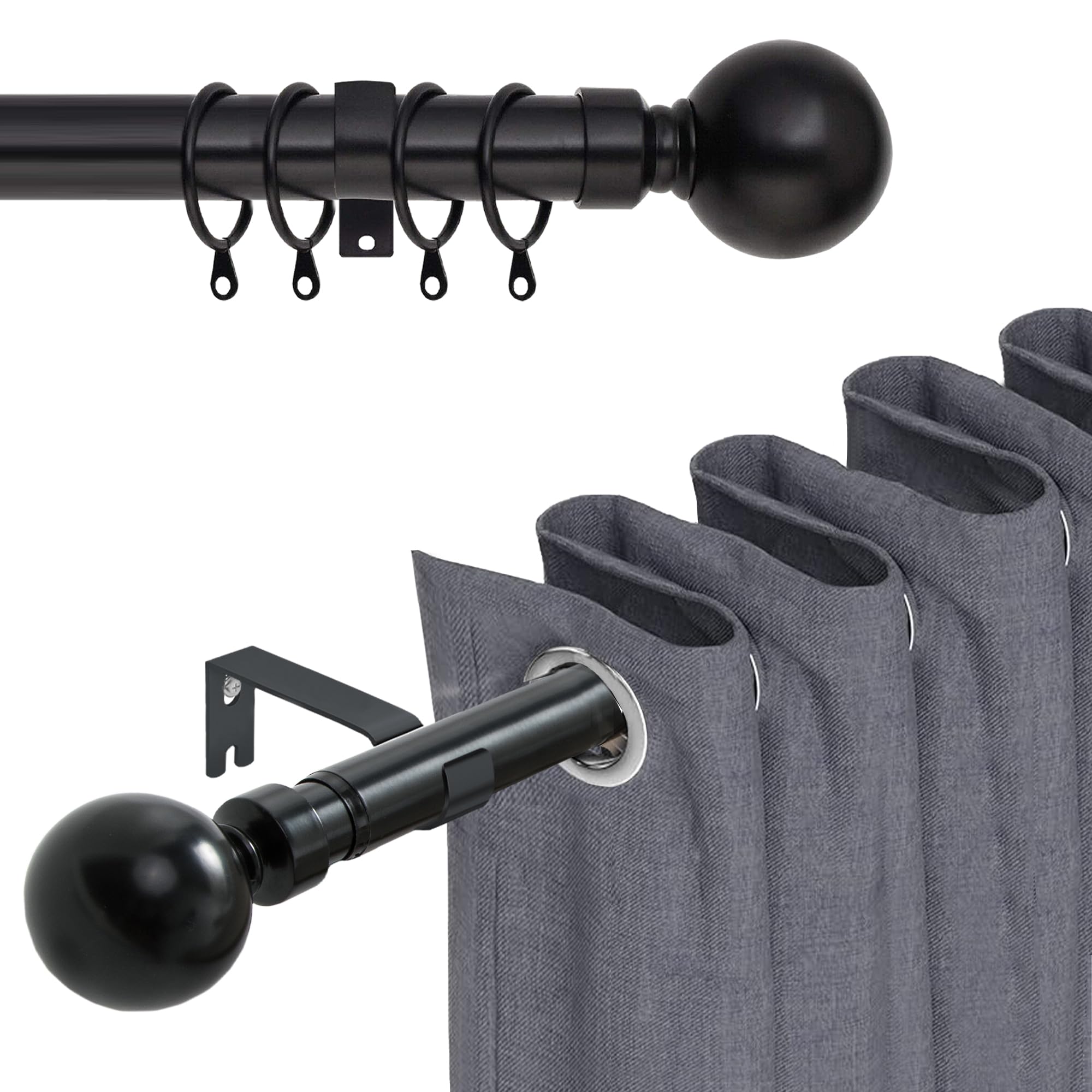 BedLooms Extendable Curtain Poles for Eyelet Curtain – Includes 70x120cm Matte Black Curtain Pole, Curtain Rod Finials, Hooks, Rings, and Fittings Set