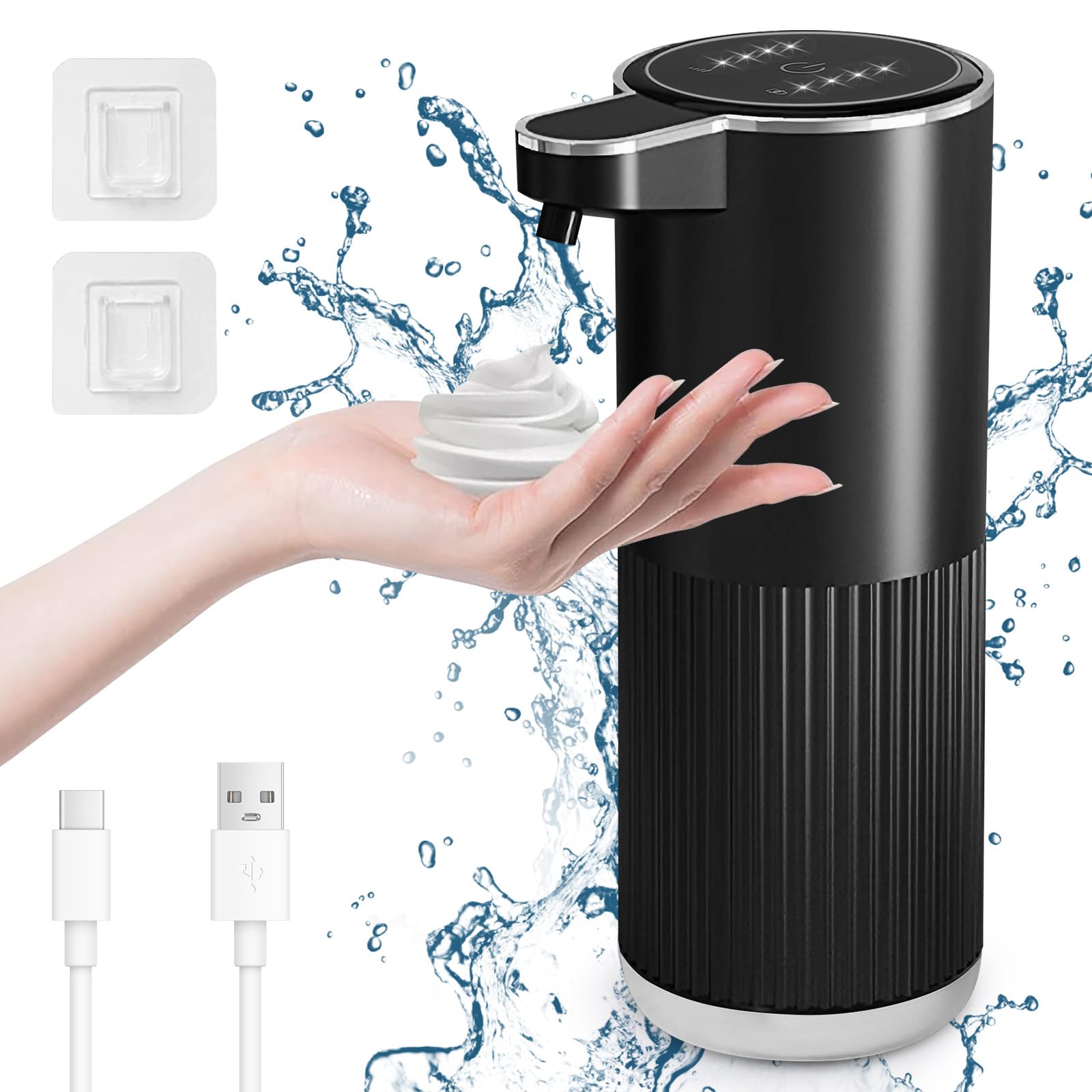 Cuteefun 400ml Dispensador Jabon Espuma Automatico, Luz Batería, Negro | 4 Niveles de Caudal, Sensor IR Sin Contacto, Montaje Pared o Sobremesa, Dosificador Jabon Electrico para Baño, Cocina, Hogar