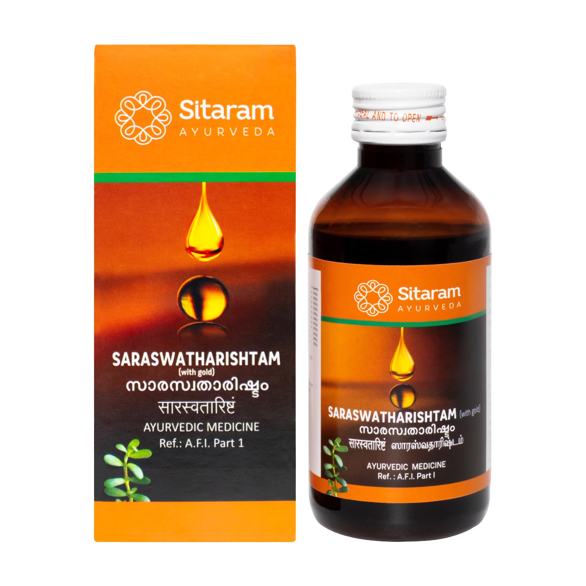 Ayurveda Saraswatharishtam With Gold 200ml syrup| Kerala Ayurvedic Saraswatarishta Supplement With Brahmi And Ashwagandha.