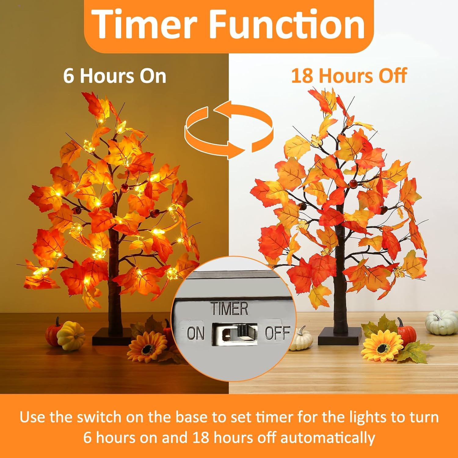 Joyhalo 2 Pack 23.5 Inch Fall Trees with Lights, Timer Battery Operated Fall Light Up Tree for Thanksgiving Autumn Home Office Room Indoor Decorations, Faux Fall Lighted Maple Trees Decor - Image 4