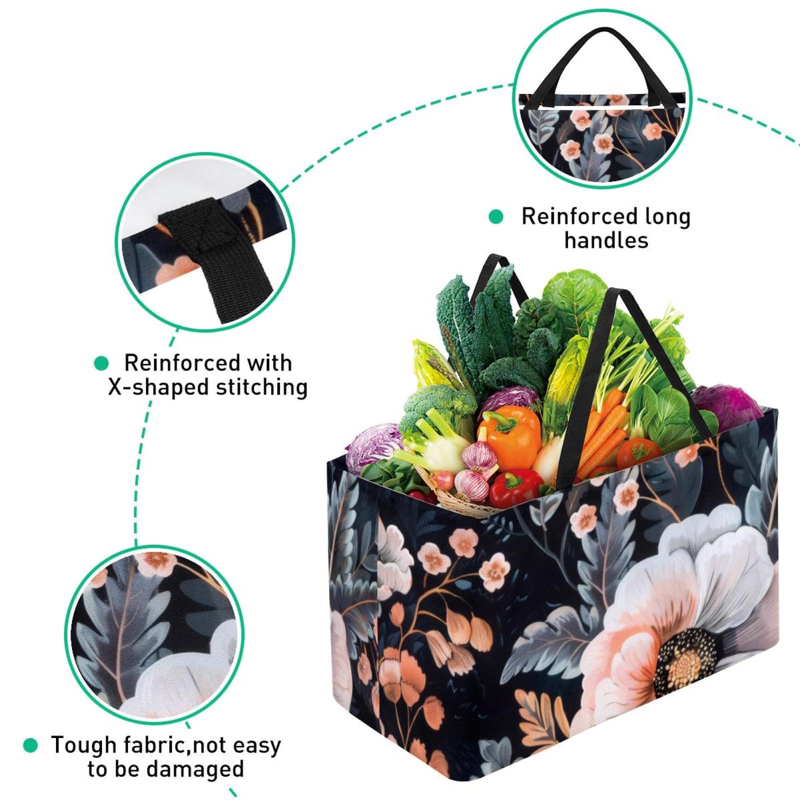 Sac de courses réutilisable, pliable, sac fourre-tout utilitaire lavable, tient debout pour pique-nique, camping – Motif floral rose sur noir, multicolore, 22.0x12.6x11.4 in/56x29x32 cm